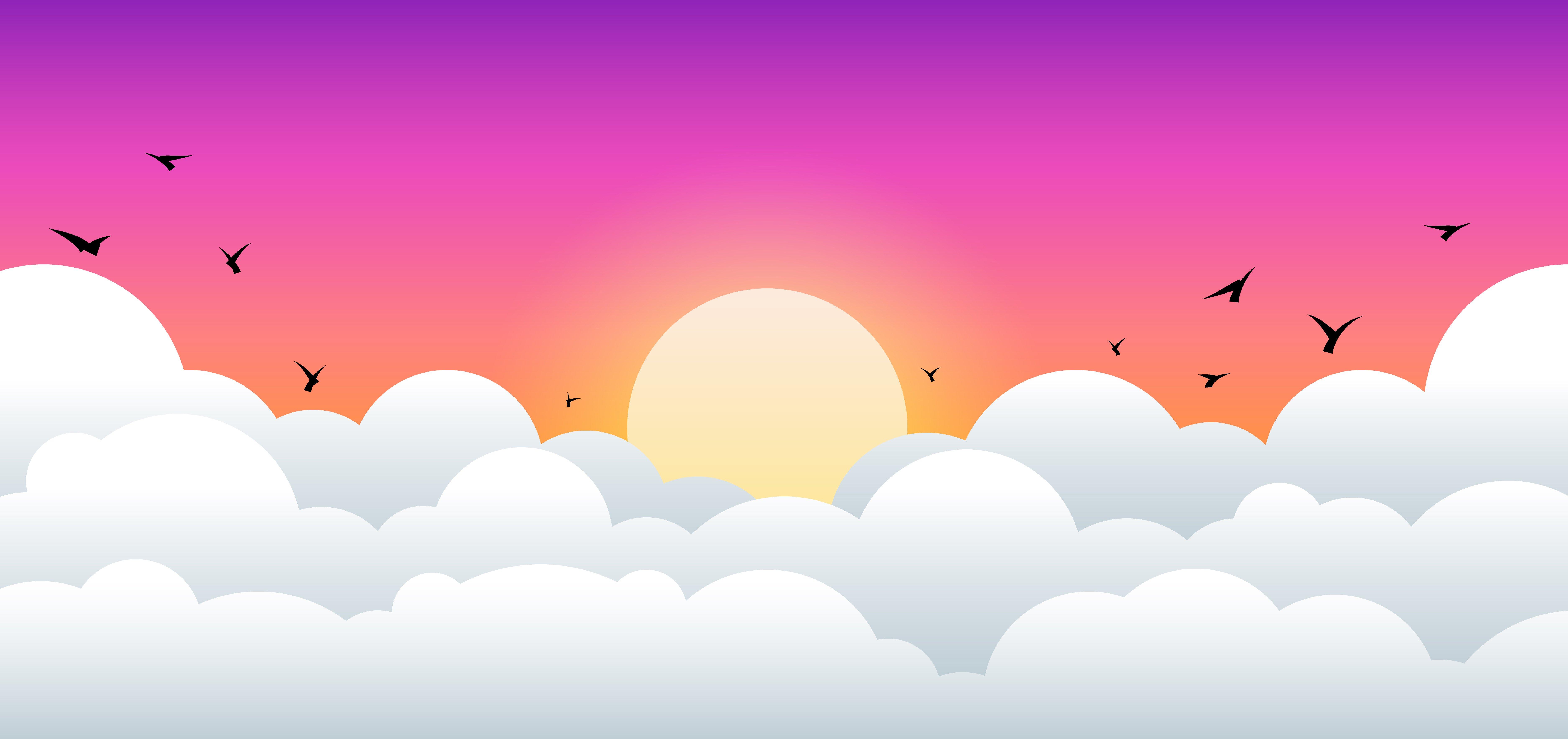 7500x3535 Sunrise and sunset landscape with clouds and birds design