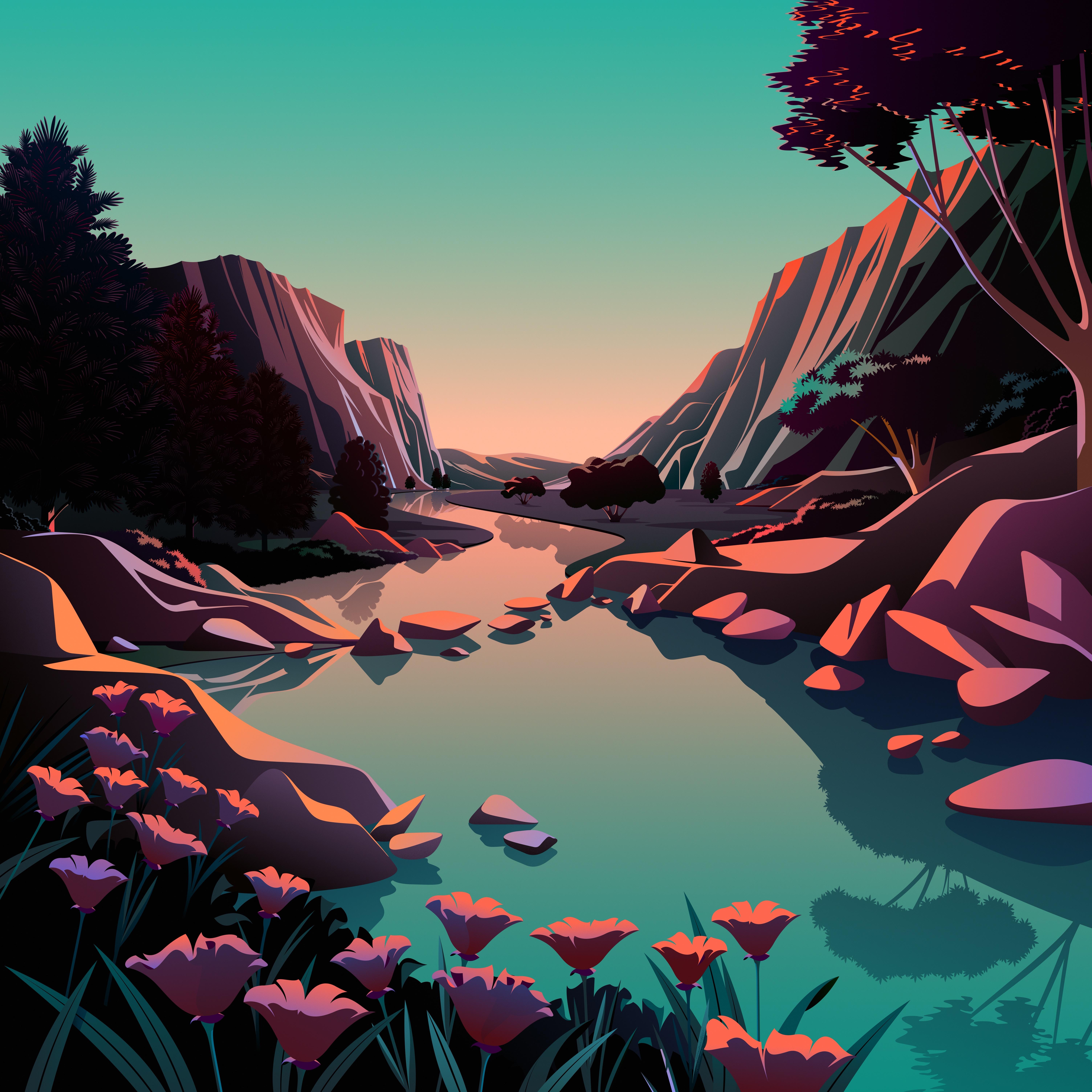 6016x6016 Lake Wallpaper 4K, Mountains, Rocks, Sunrise, Daylight, Scenery, Nature