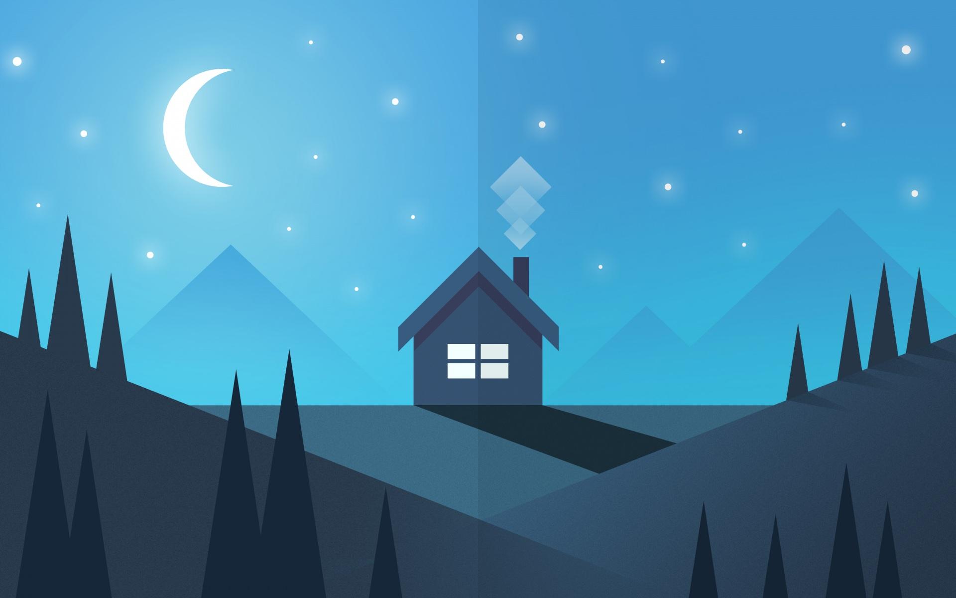 1920x1200 Wallpaper 4k House Mountain Trees Moon Illustration 4k Wallpaper