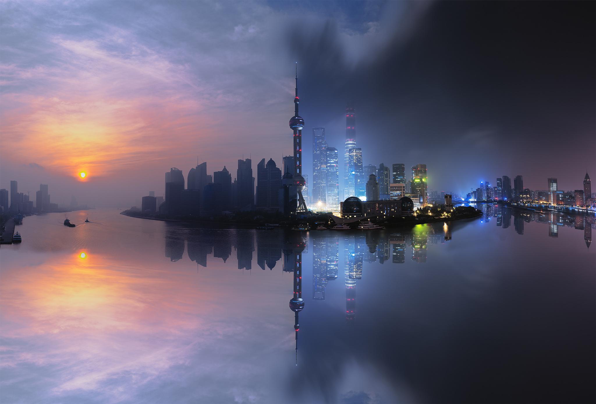 2048x1387 #city, #sky, #night, #China, #building, #Shanghai, #river, #reflection, #nightscape, #mist, #clouds, #cityscape, wallpaper. Mocah HD Wallpaper