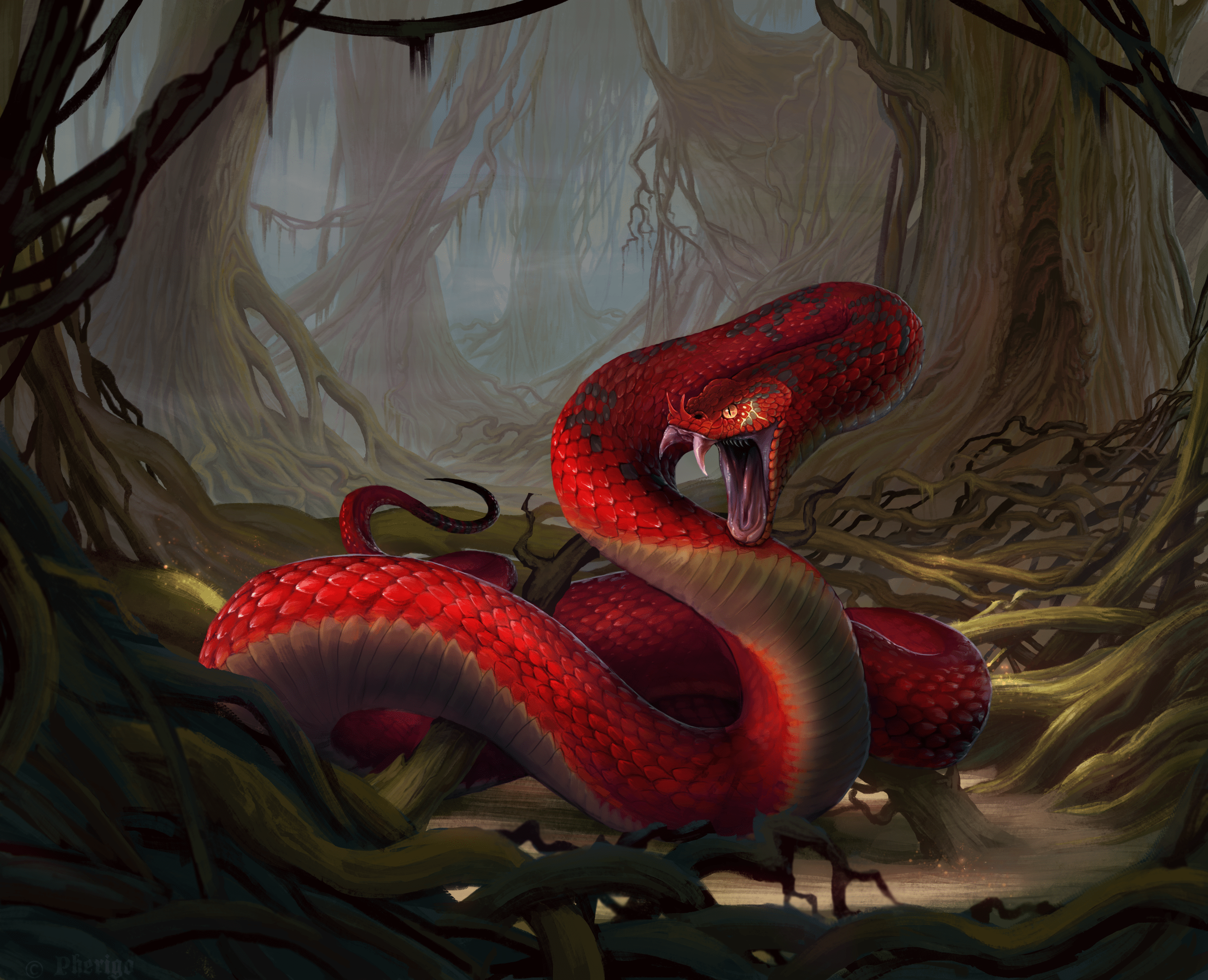 2719x2206 Red snake baring its fangs by Pherigo HD Wallpaper
