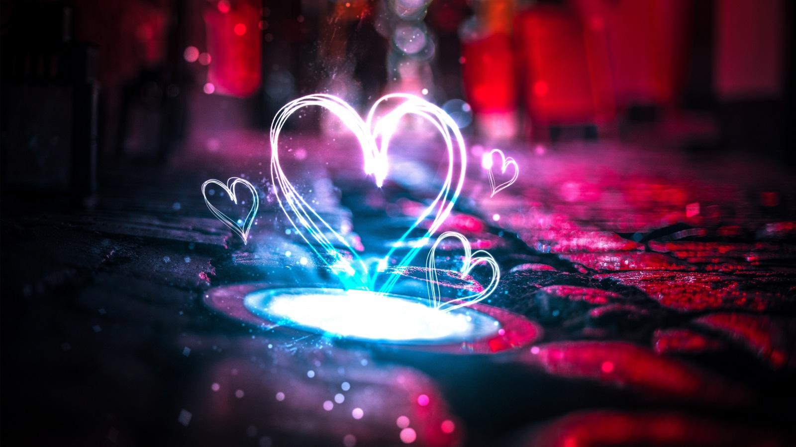 1600x900 Wallpaper 4k Neon Love Hearts 4K Wallpaper