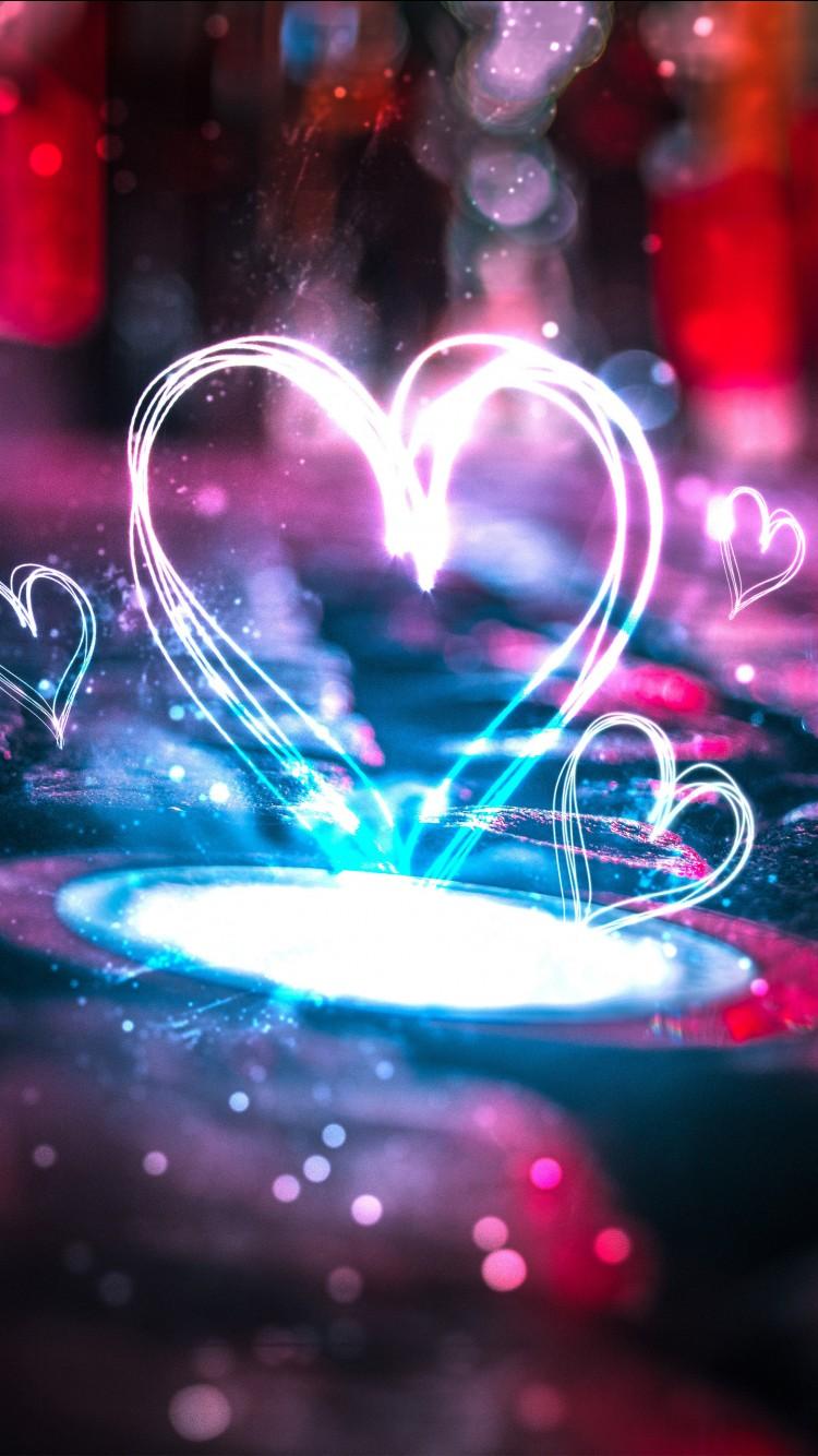 750x1334 Neon Love Hearts 4K Wallpaper