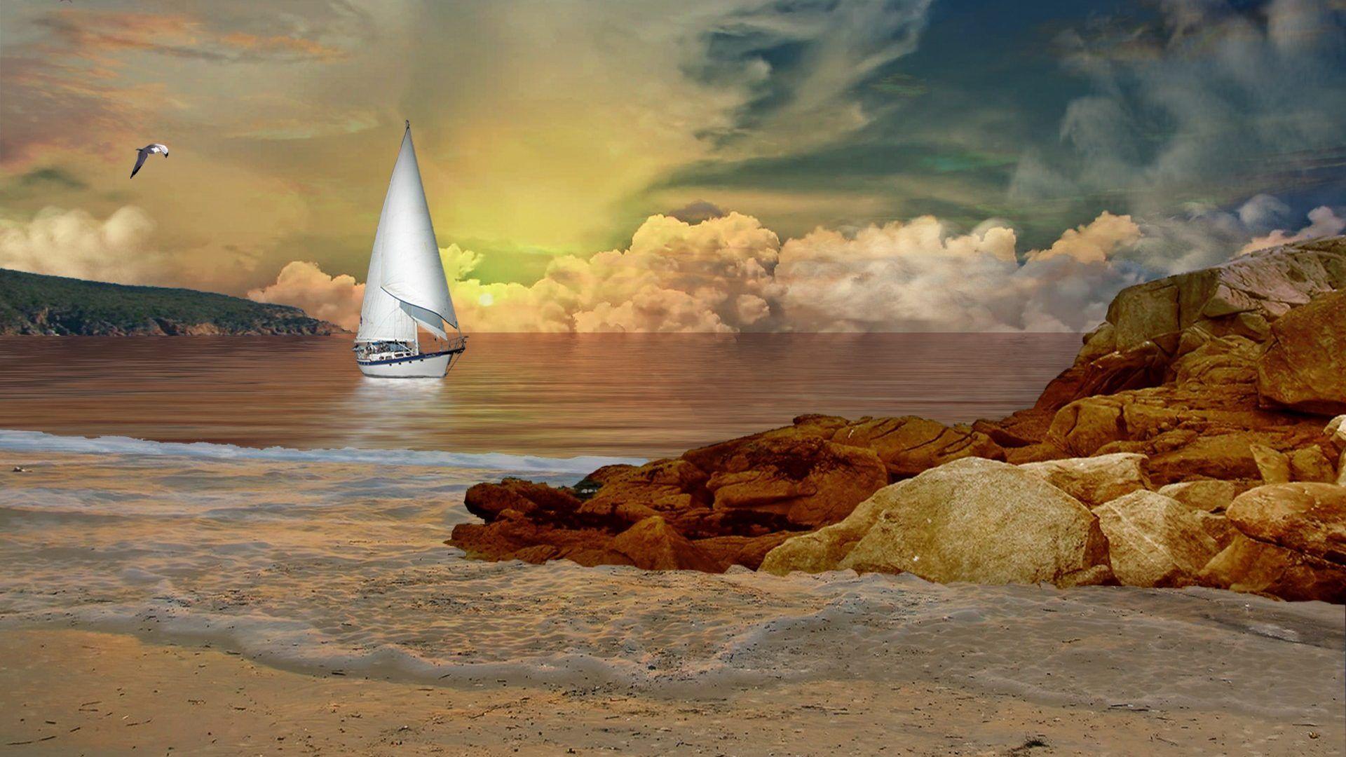 1920x1080 Beaches: Evening Sail SAILING Water Golden Sky Phone Wallpaper