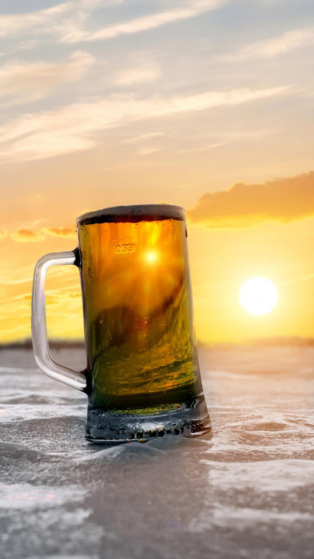 1080x1920 Beer Mug Beach Sunset 4K Ultra HD Mobile Wallpaper