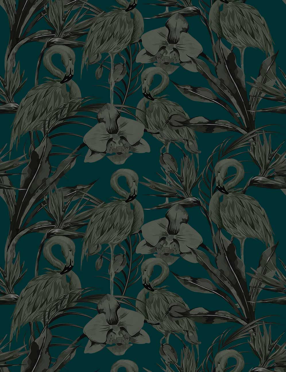 996x1296 Green & White Tropical Flamingo Wallpaper