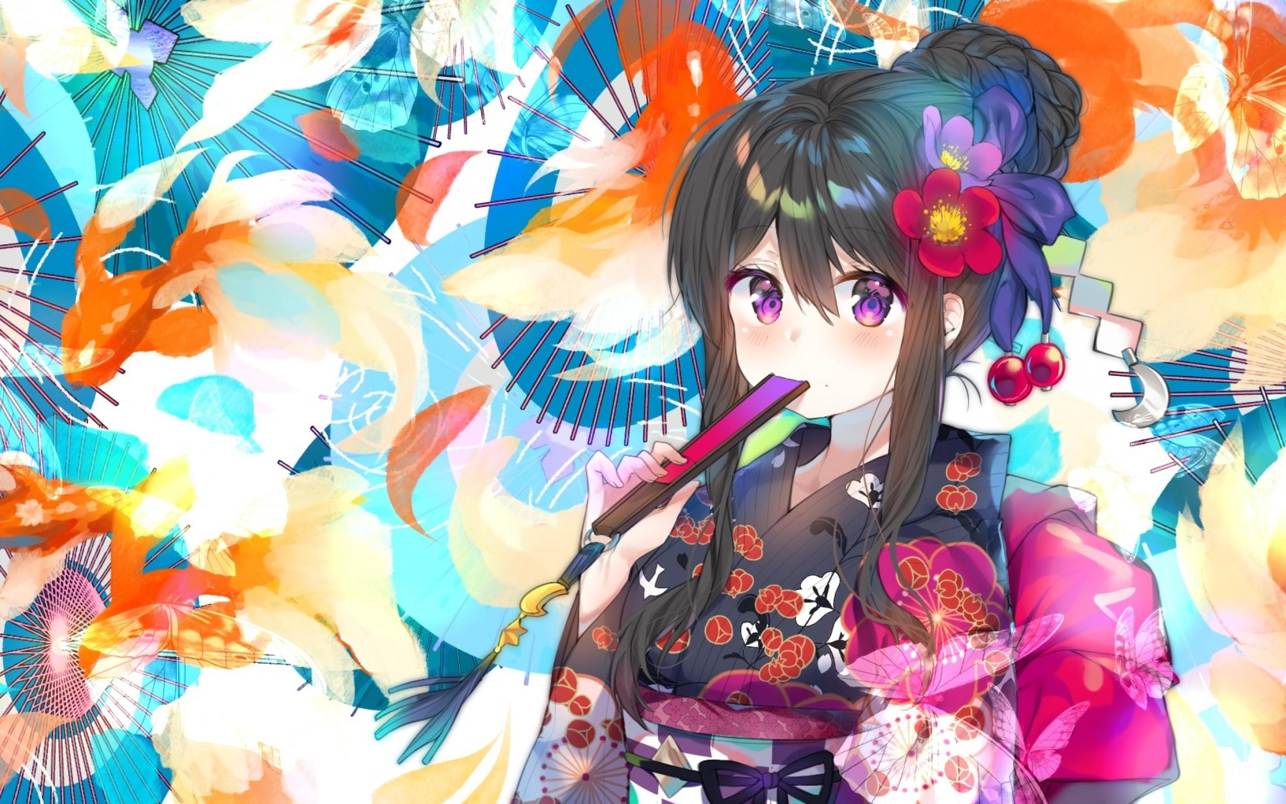 2560x1600 Download 2560x1600 Cute Anime Girl, Yukata, Colorful, Fish, Butterfly, Brown Hair Wallpaper for MacBook Pro 13 inch