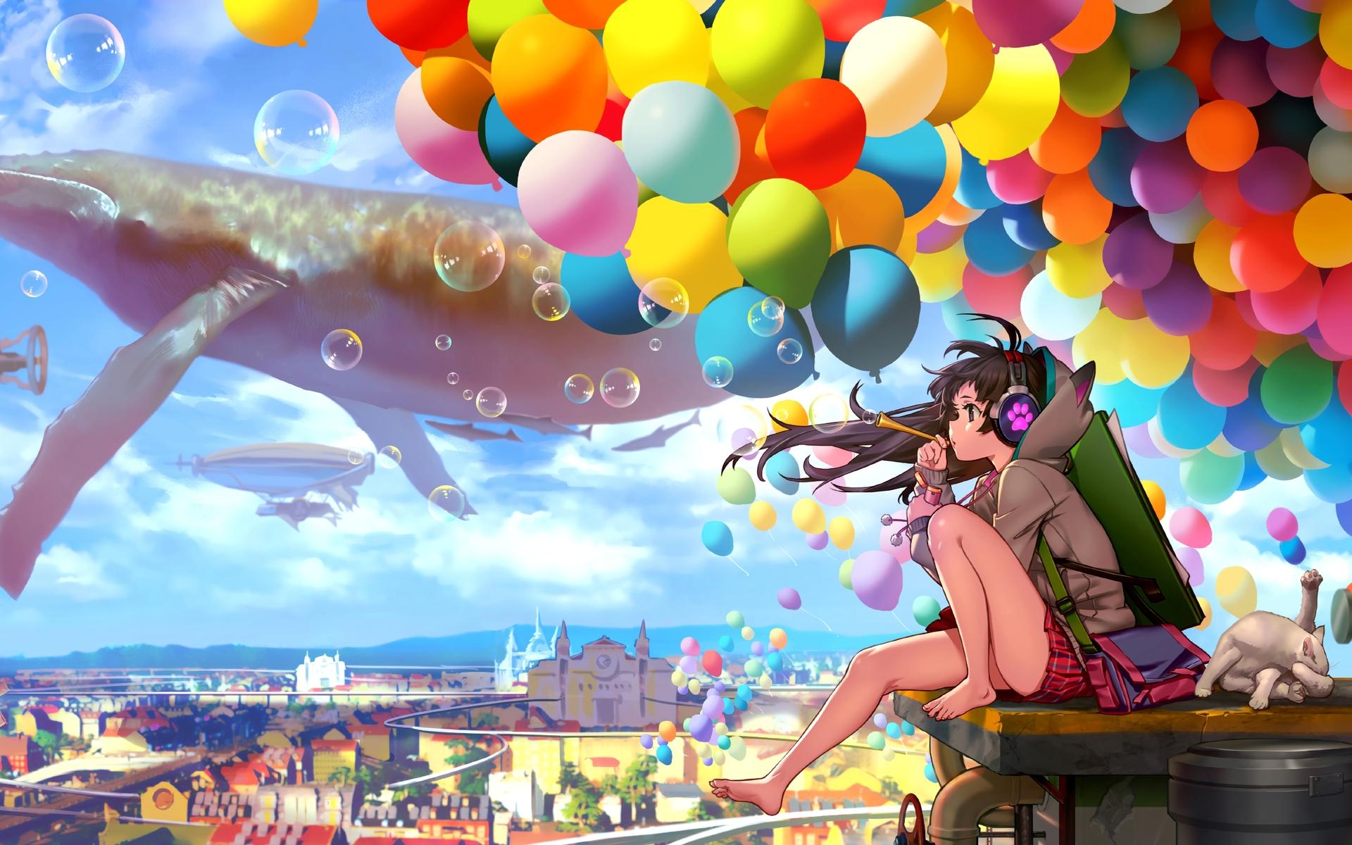 1920x1200 Colorful City Anime Girl Blowing Bubbles 1080P Resolution HD 4k Wallpaper, Image, Background, Photo and Picture