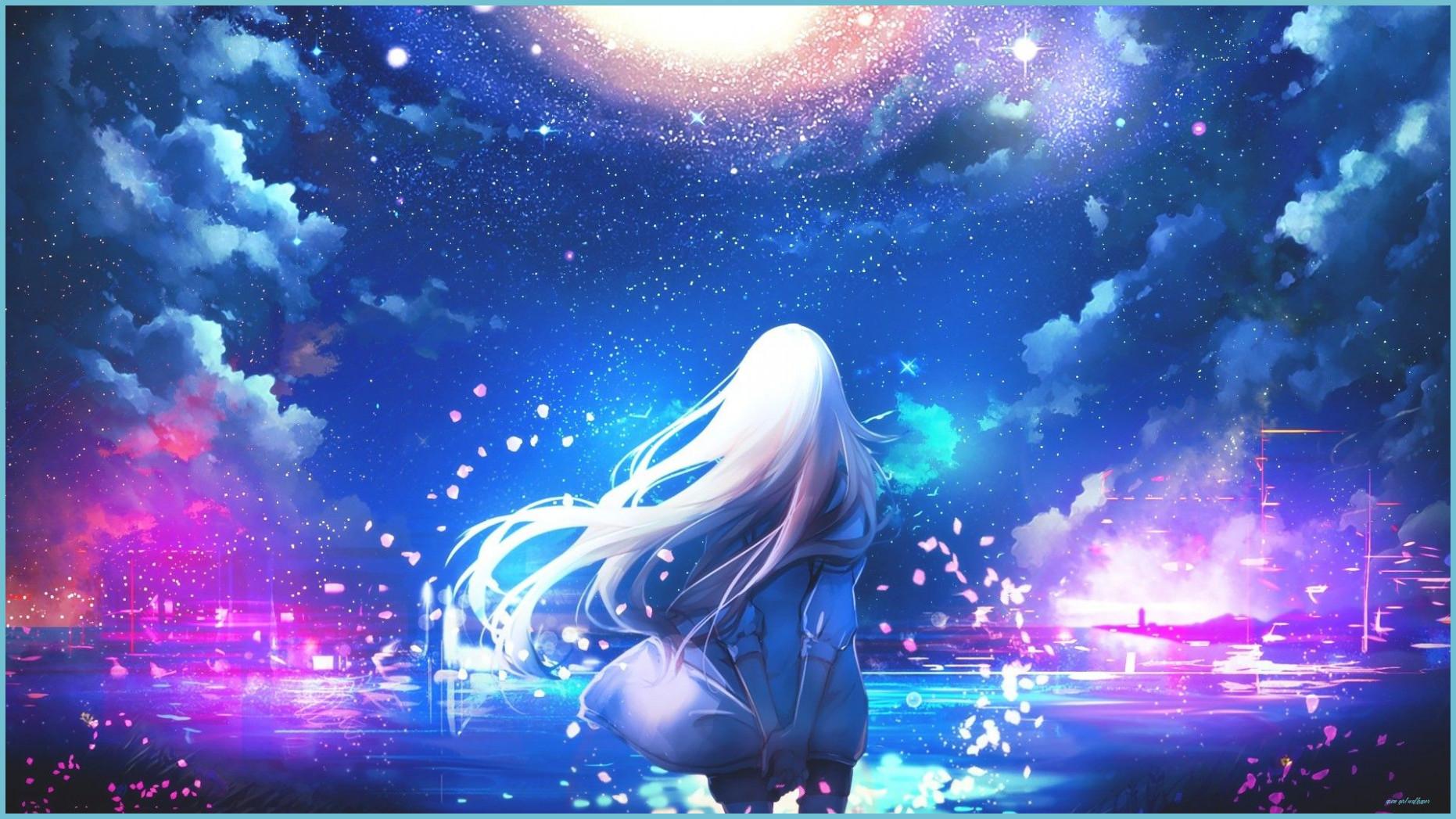 1862x1047 Anime, White Hair, Anime Girls, Night Sky, Stars, Colorful Girl Wallpaper