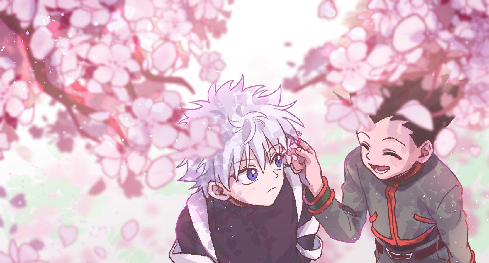 1668x898 Under the cherry blossoms. Hunter anime, Killua, Anime computer wallpaper