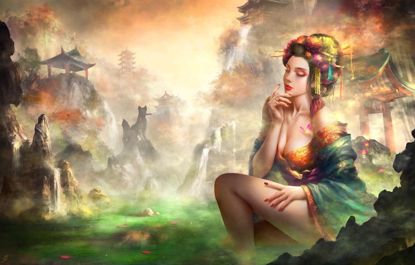 1332x850 Wallpaper Color, Girl, Figure, Lake, Style, Girl, Dress, Asia, Fantasy, Architecture, Art, Art, Beauty, Style, Color, Fiction image for desktop, section арт