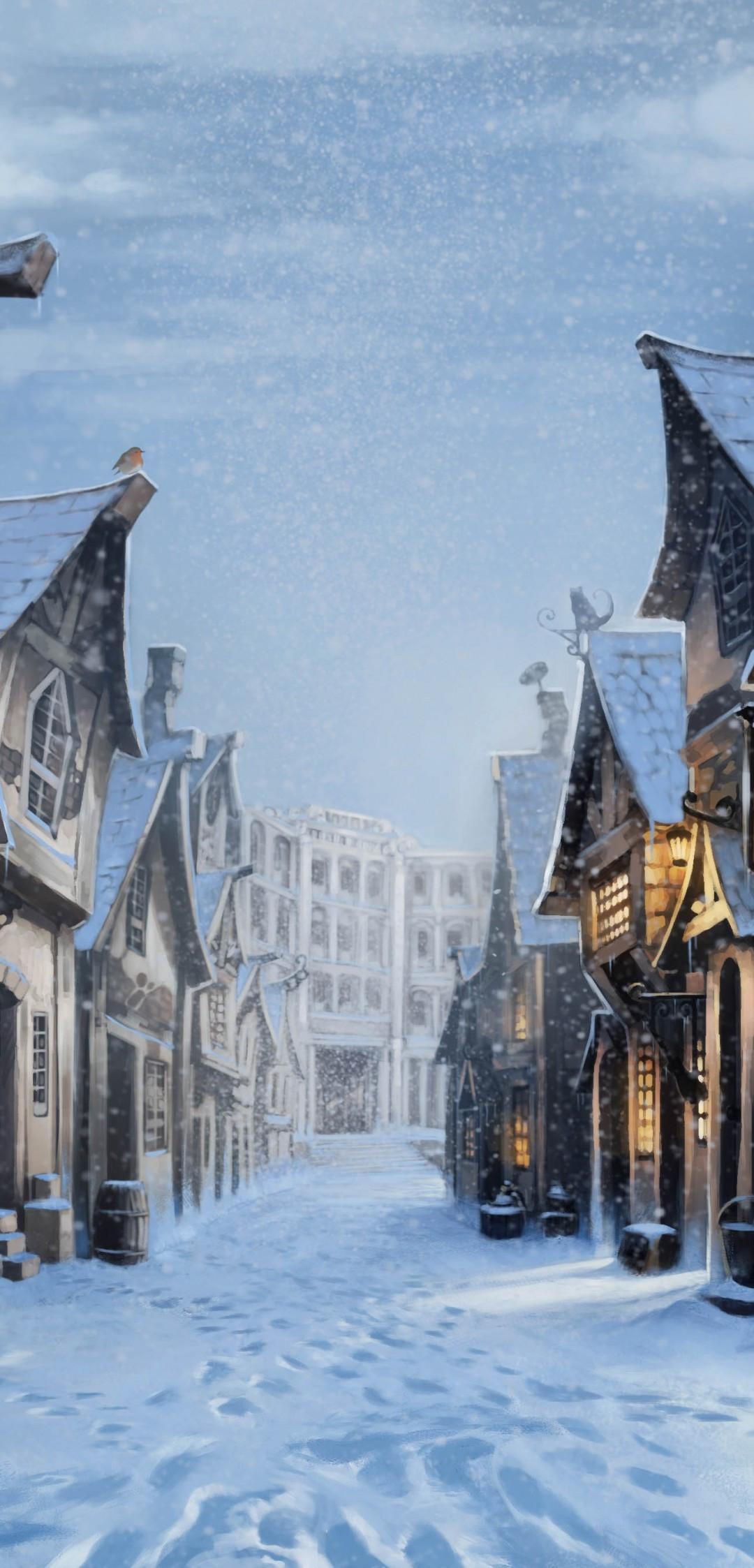 1080x2246 Download 1080x2246 Diagon Alley, Harry Potter, Snow, Artwork Wallpaper for Xiaomi Pocophone F Asus ZenFone 5Z