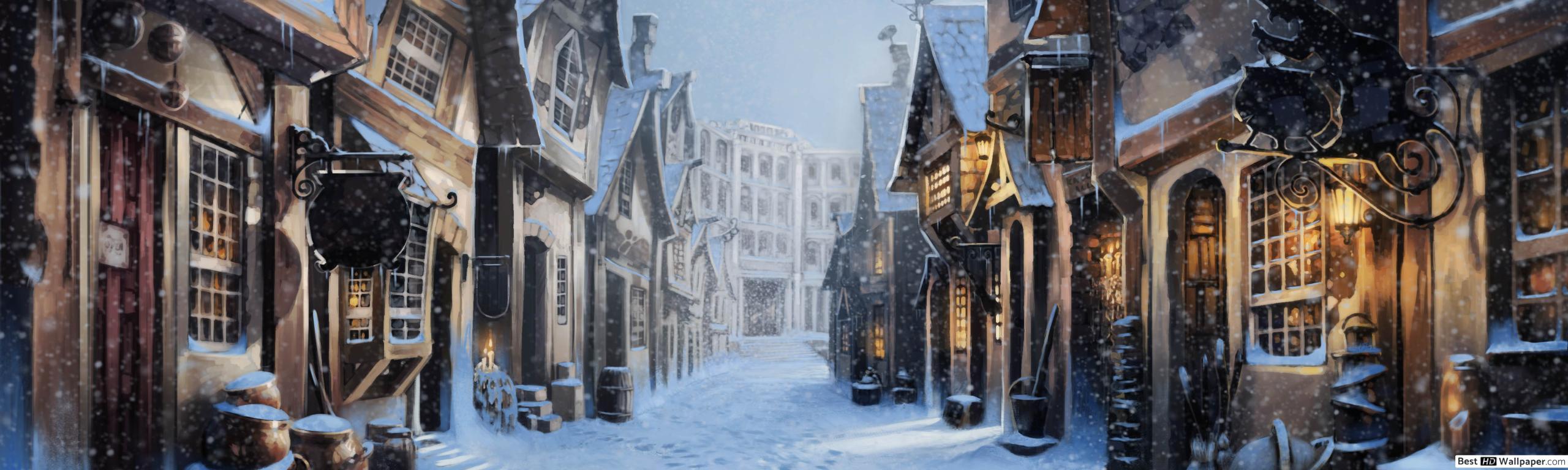2560x768 Winter in Harry Potter's Diagon Alley HD wallpaper download