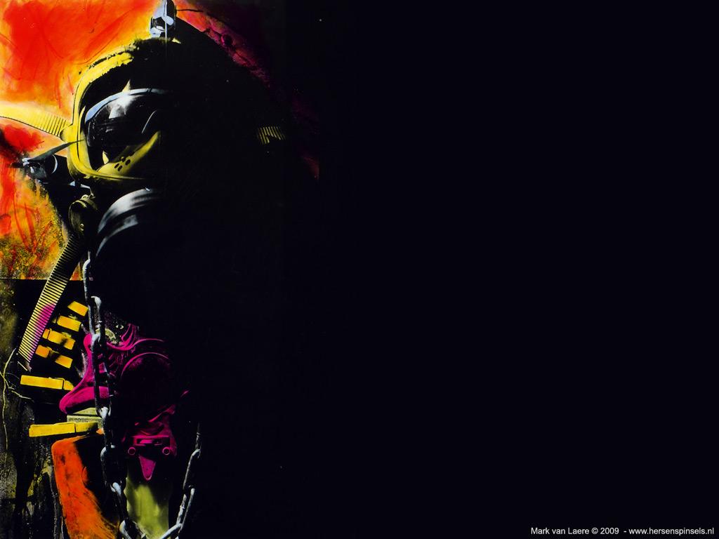 1024x768 Wallpaper: 'Gas Mask' gas mask and some other objects put together by Andreas van Iterson and photographed by Mark. The original black & white print was then hand coloured using