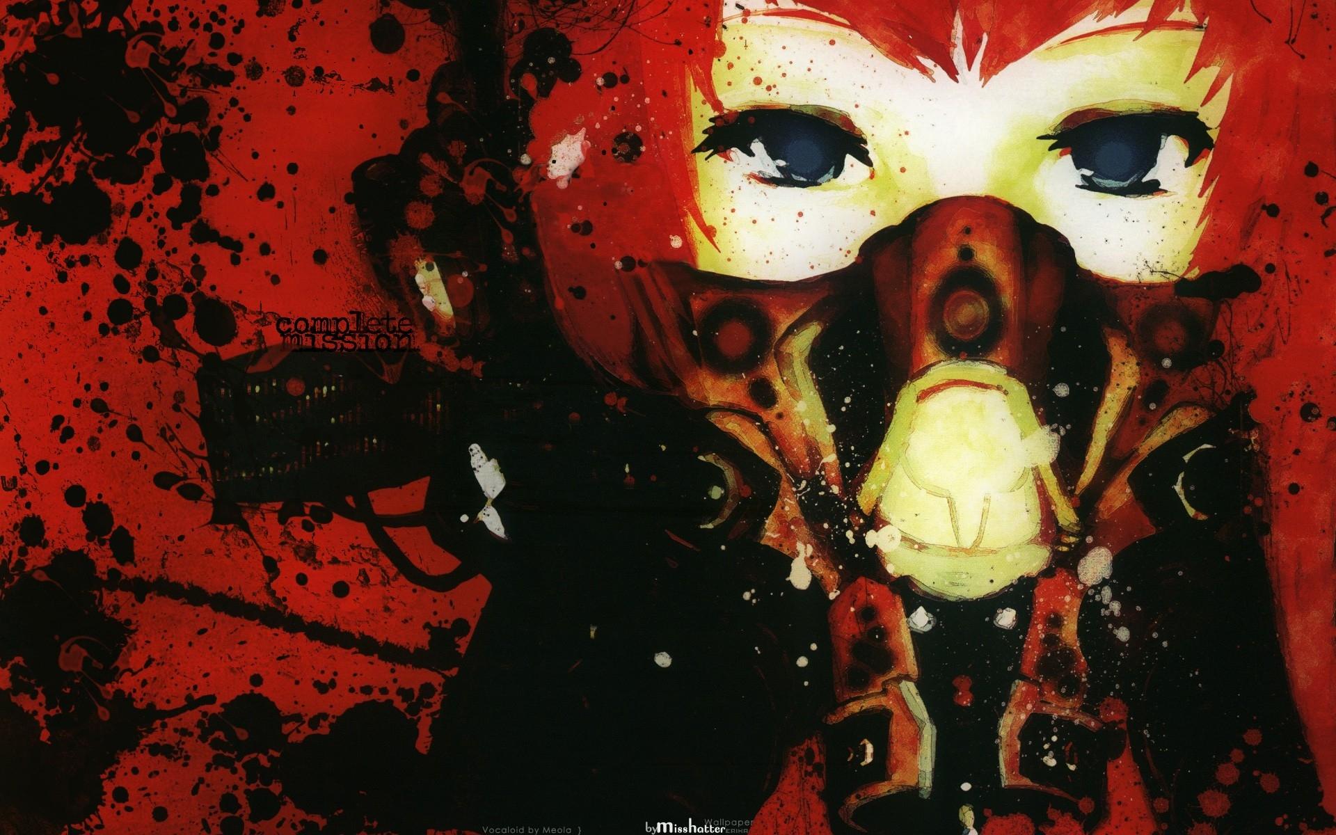1920x1200 abstract video games vocaloid blue eyes redheads gas masks masks gas gaz meiko anime girls meiko kaj High Quality Wallpaper, High Definition Wallpaper