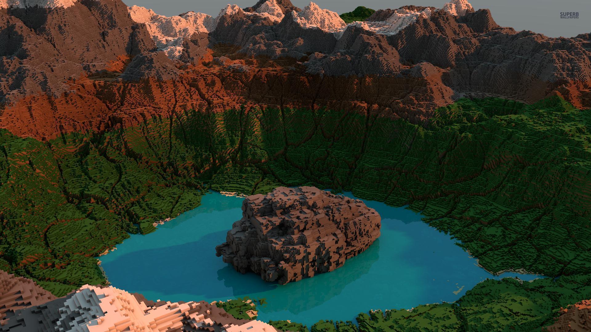 1920x1080 Lake surrounded by mountains in Minecraft wallpaper
