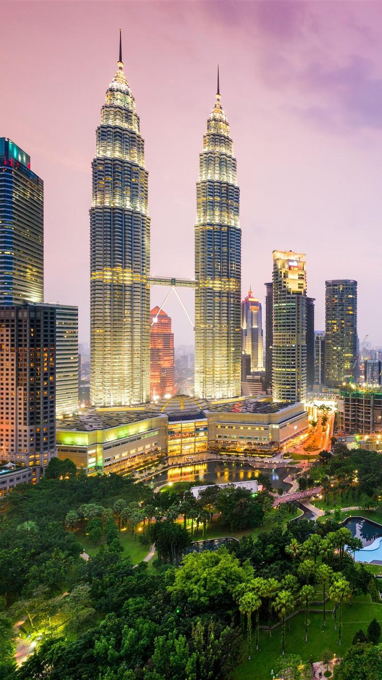 750x1334 Malaysia, Kuala Lumpur, Skyscrapers, City, Lights, Dusk 1242x2688 IPhone 11 Pro XS Max Wallpaper, Background, Picture, Image