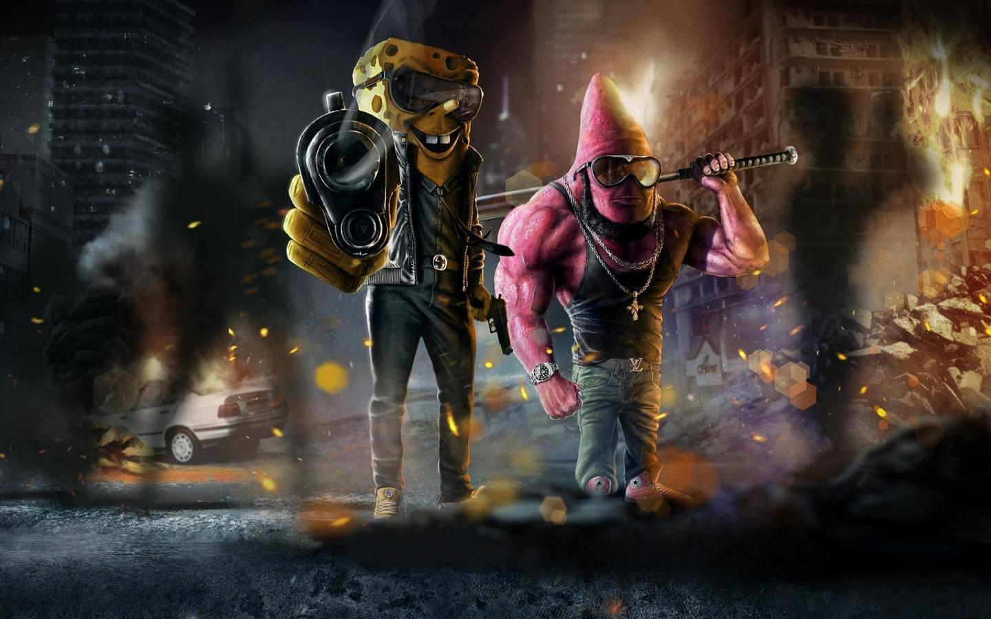 1440x900 SpongeBob and Patrick Gangster Wallpaper
