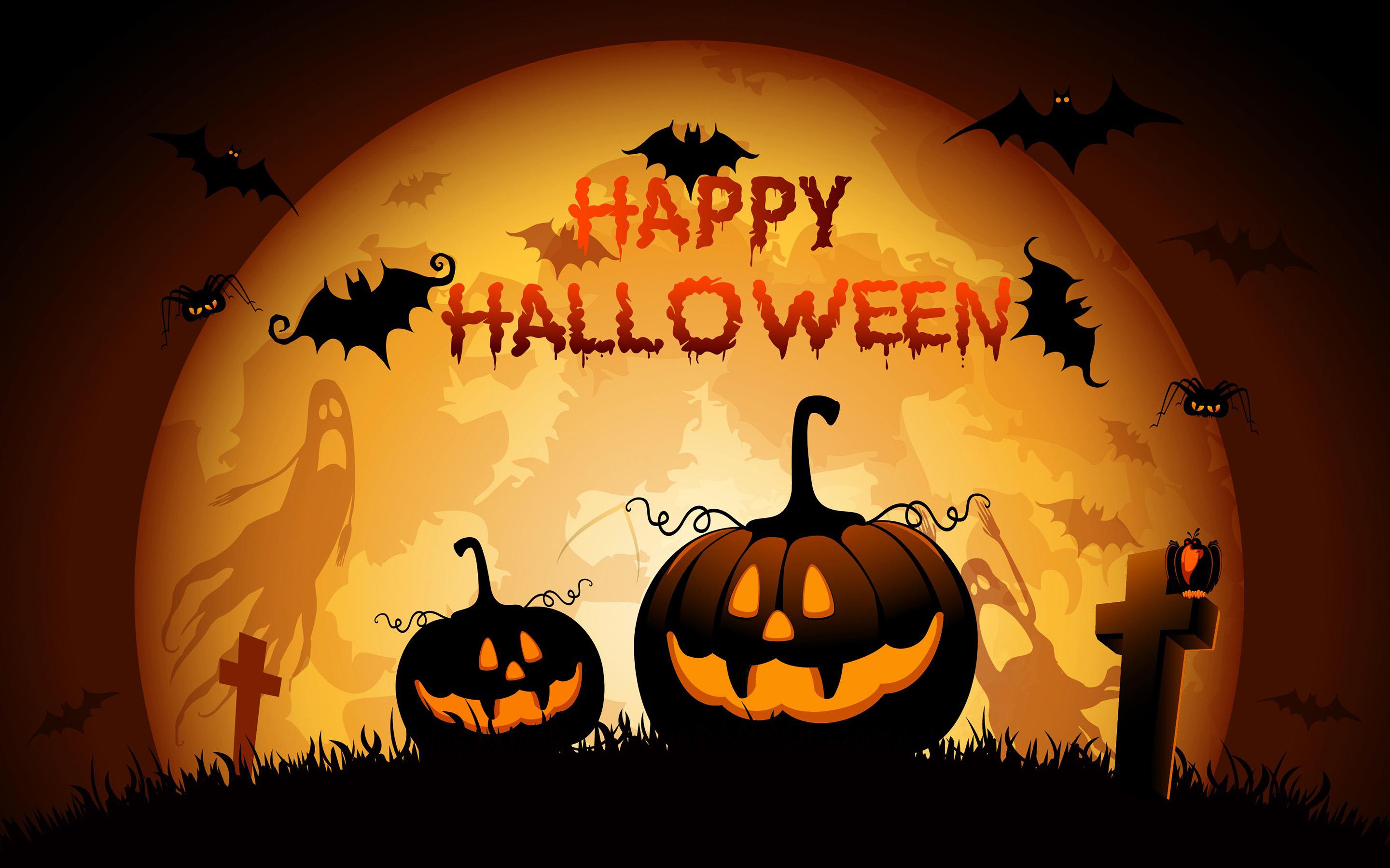 2880x1800 Download wallpaper Happy Halloween, bats, moon, pumpkins, abstract art, Halloween for desktop with resolution 2880x1800. High Quality HD picture wallpaper