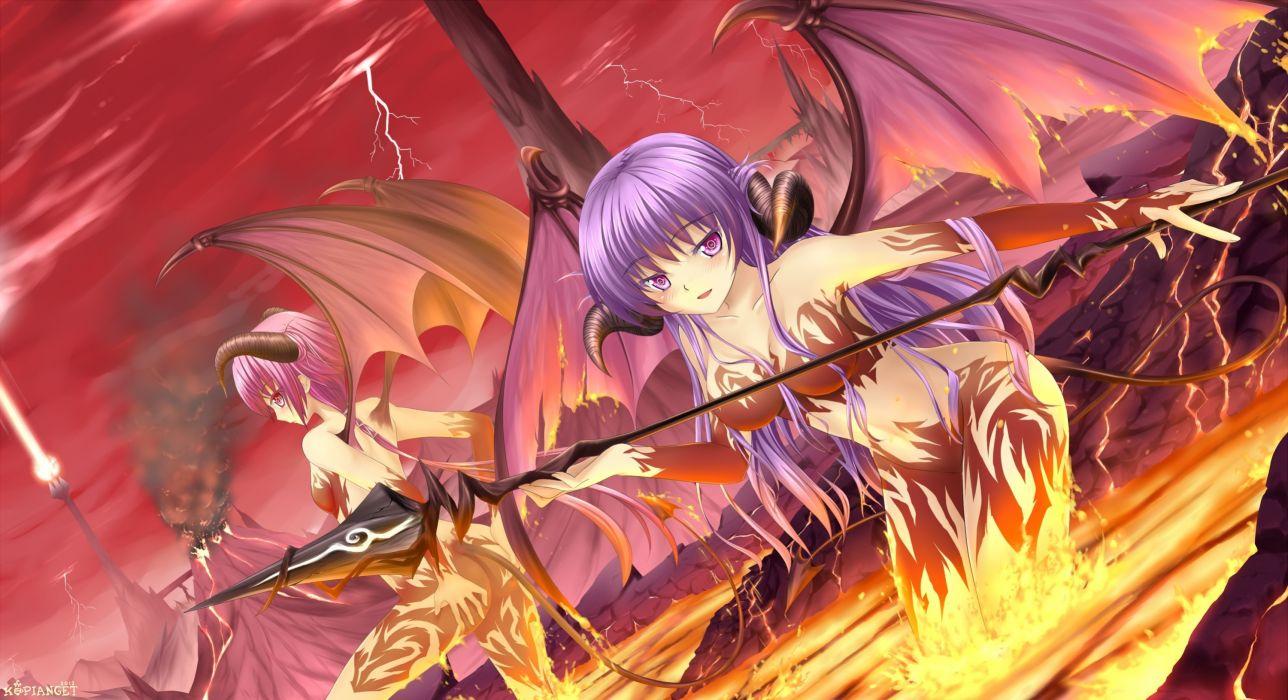 1288x700 Spear Girls Wings Horns weapons dark demon wallpaperx1631
