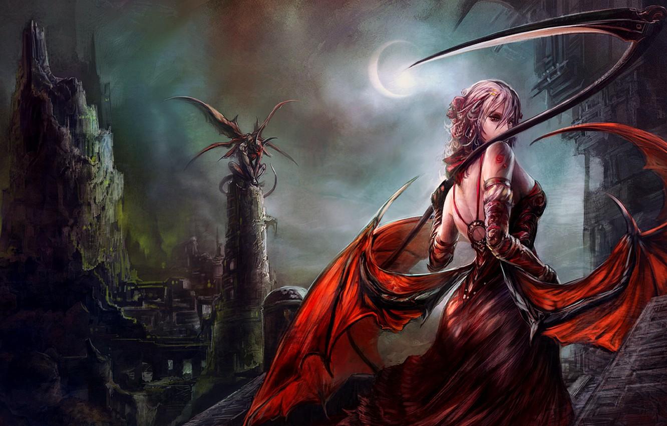 1332x850 Photo Wallpaper Dark, Demon, Girl, Moon, Fantasy, Tower, Art Demon Queen