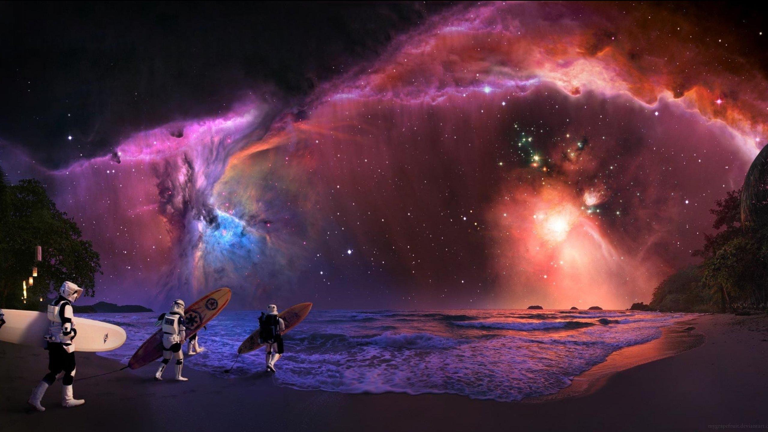 2560x1440 STAR WARS Sci Fi Futuristic Artwork Disney Surfing Ocean Sea Waves Nebula Space Sky Wallpaperx1440