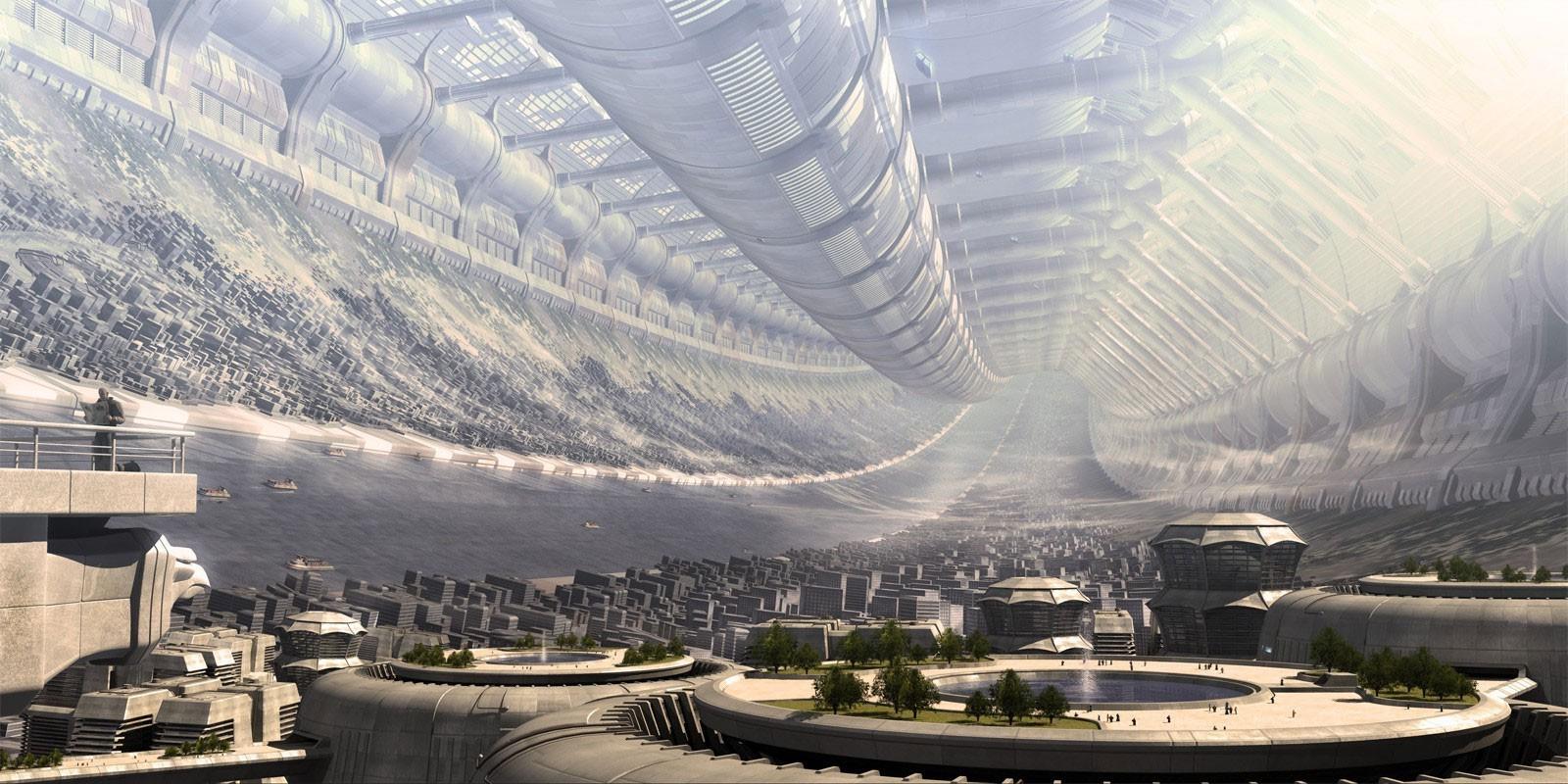 1600x800 science fiction animation fantasy art abstract house space station stanford torus wallpaper