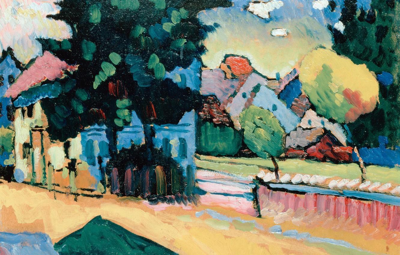 1332x850 Wallpaper road, house, picture, Wassily Kandinsky, abstract, View Of Murnau image for desktop, section живопись