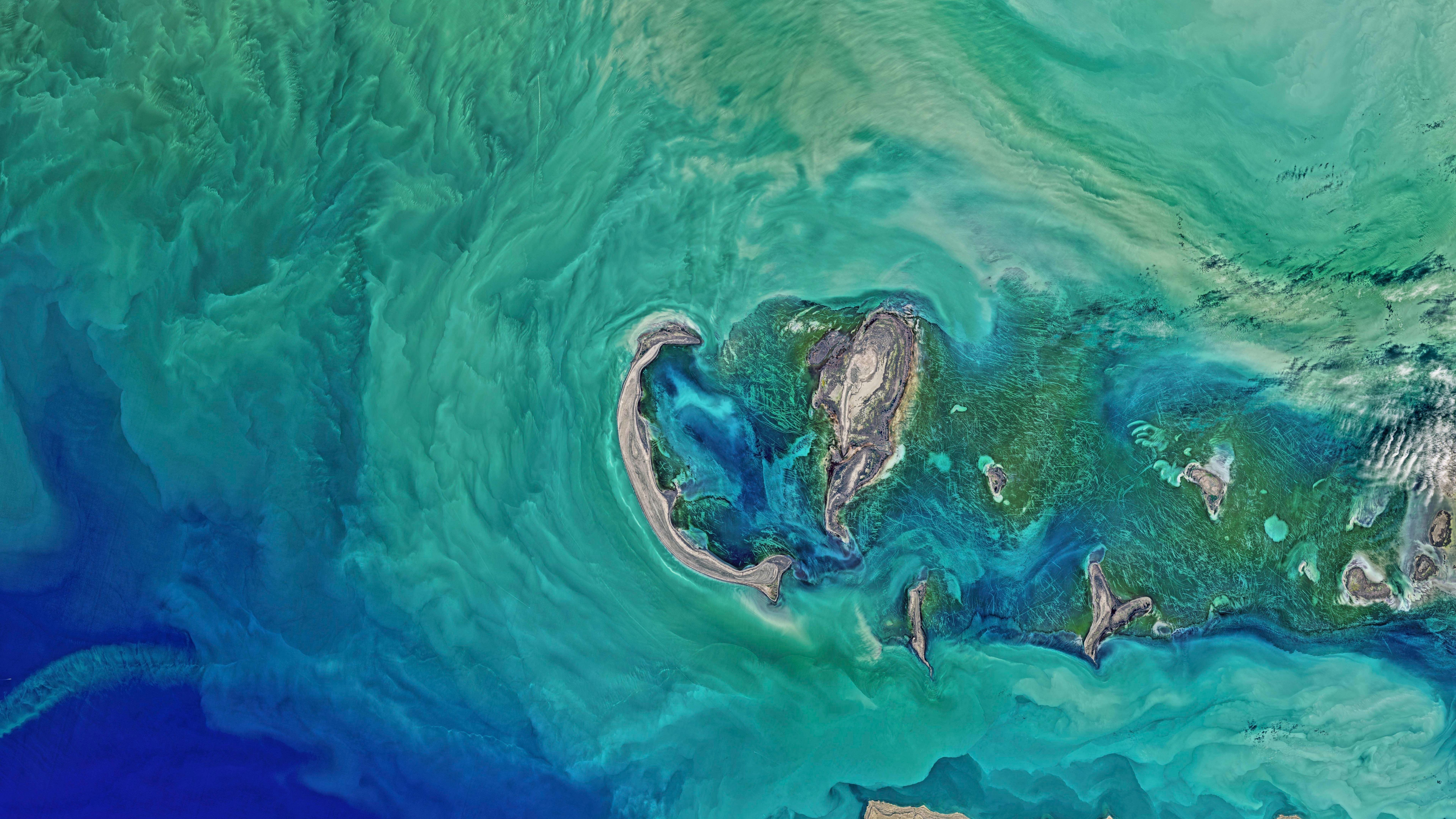 7680x4320 caspian sea #water #aqua #earth space photography #photography #ocean #blue #satellite #islands #green #island aerial photo. Ocean artwork, Ocean art, Caspian sea