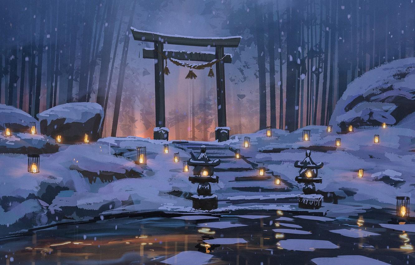 1332x850 Wallpaper snow, pond, silence, Japan, lights, stage, Japan, winter forest, bamboo forest, torii gate, by Surendra Rajawat image for desktop, section живопись