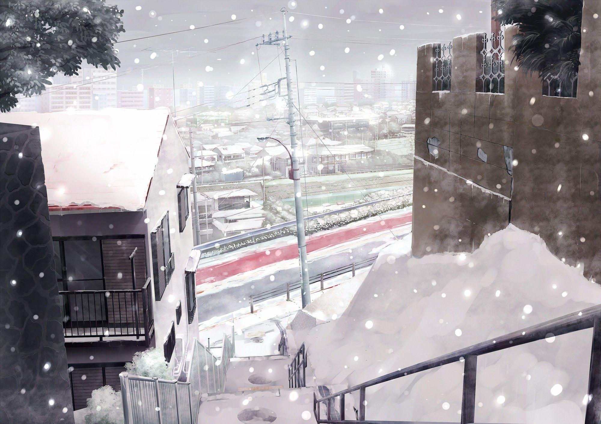 2000x1413 Snow Anime City Wallpaper