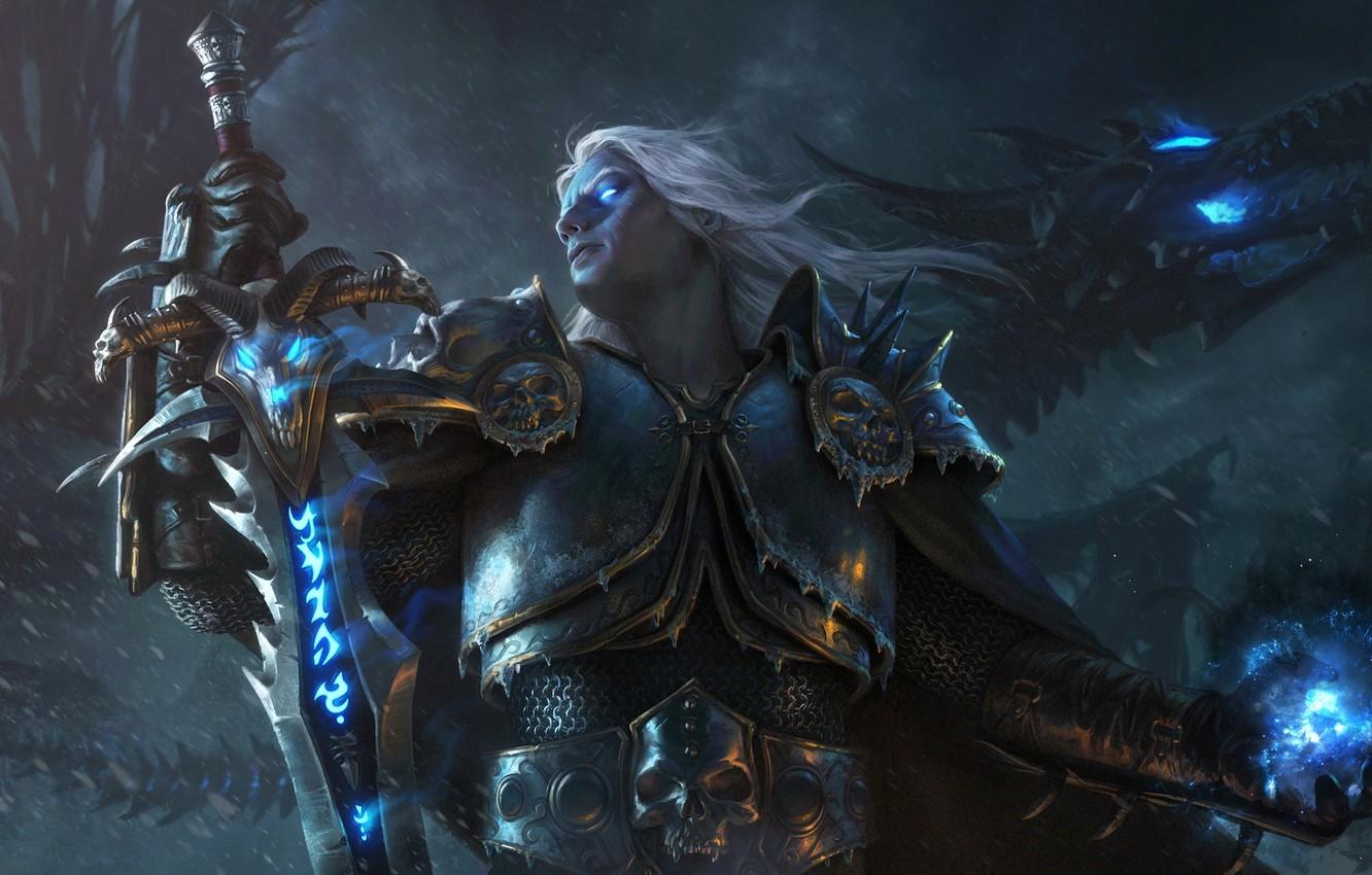 1332x850 Wallpaper magic, dragon, figure, sword, armor, fantasy, art, plate, sword, armor, fantasy, Lich King, Lich King, magic, Blizzard, undead image for desktop, section игры