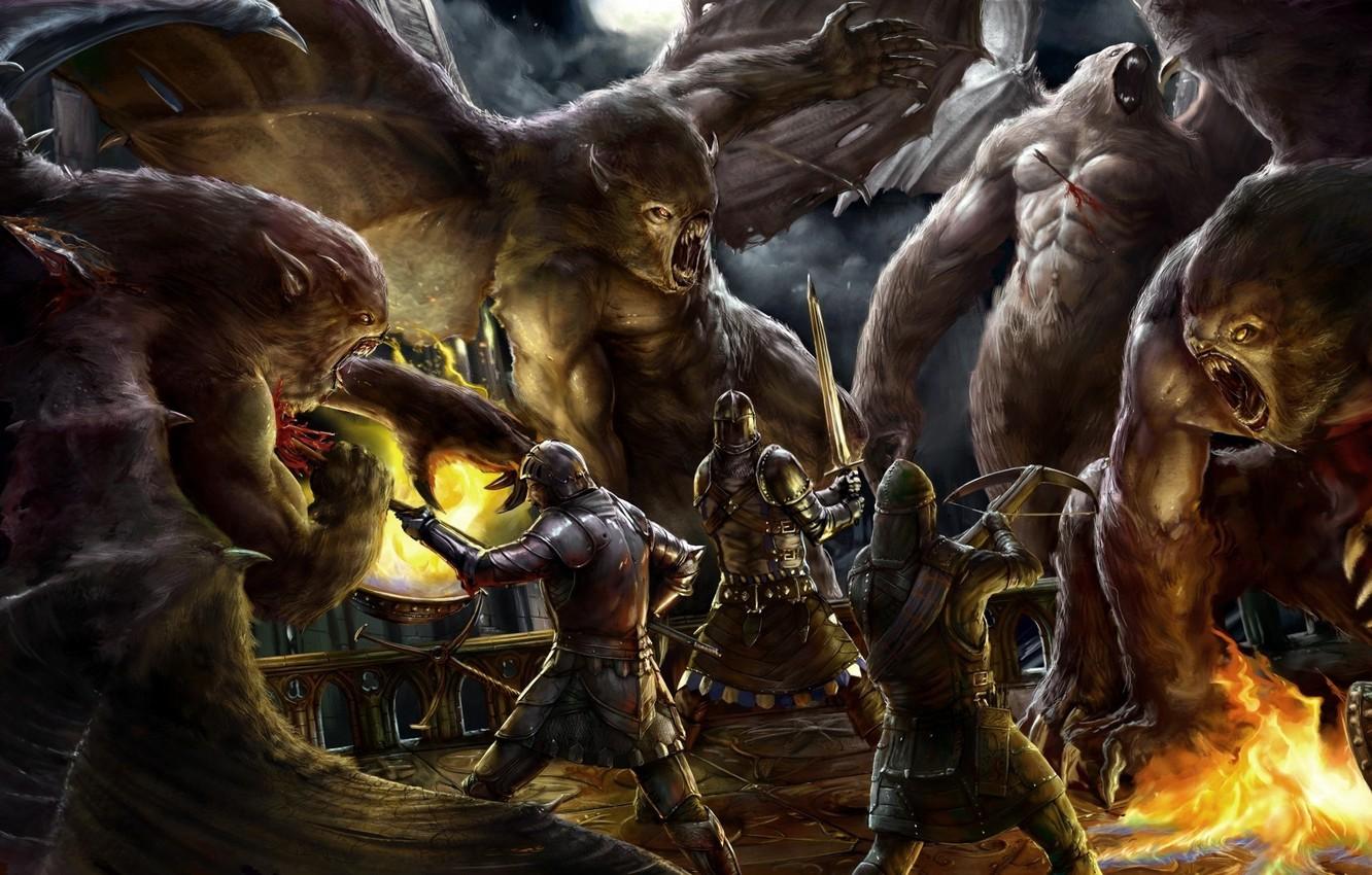 1332x850 Wallpaper fire, flame, blood, soldier, monster, armor, dead, wings, survivor, fight, ken, blade, death, fang, bow, knight image for desktop, section фантастика