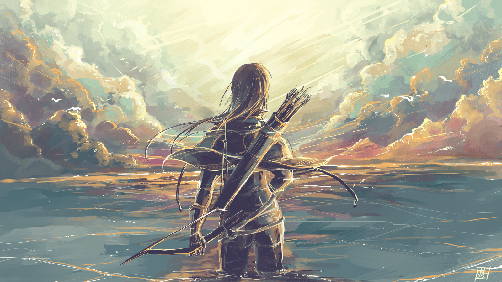 1600x900 sea, reflection, vehicle, artwork, Looking into the distance, bowmen, ART, screenshot, computer wallpaper, atmosphere of earth. Mocah HD Wallpaper