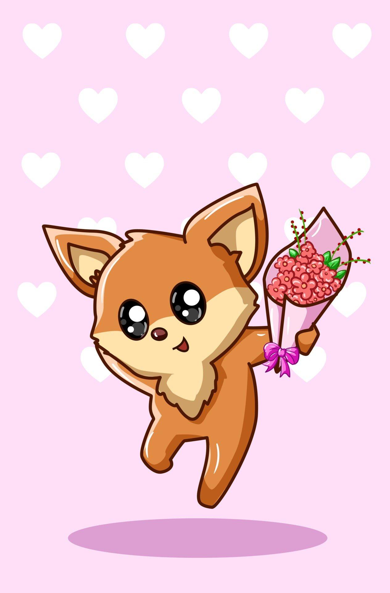 1264x1920 Kawaii fox carrying a bouquet of flowers on valentine day cartoon illustration