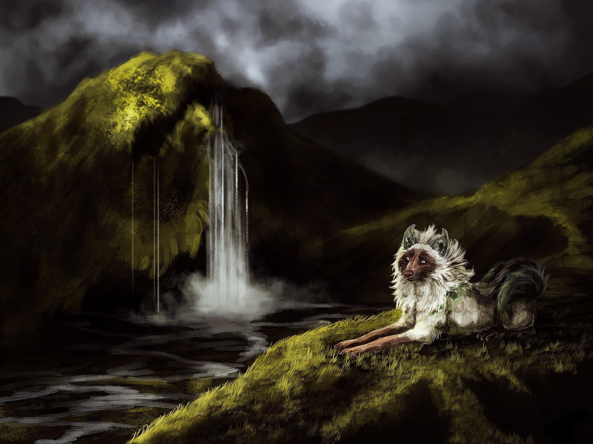 2000x1500 Painting Art, Wolves, Waterfalls. Mocah HD Wallpaper