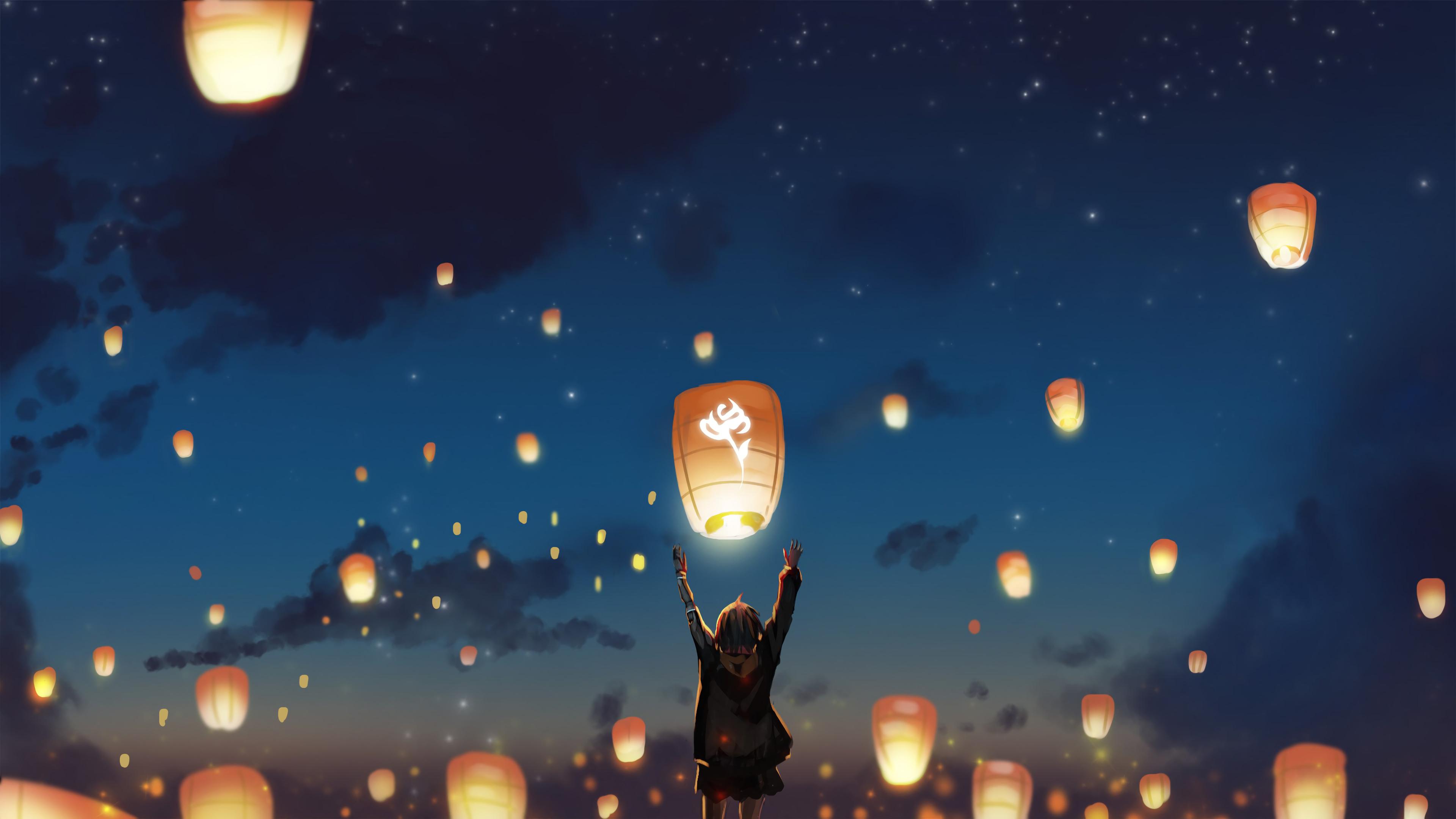 3840x2160 Sky Lantern Scenery Anime 4K Wallpaper