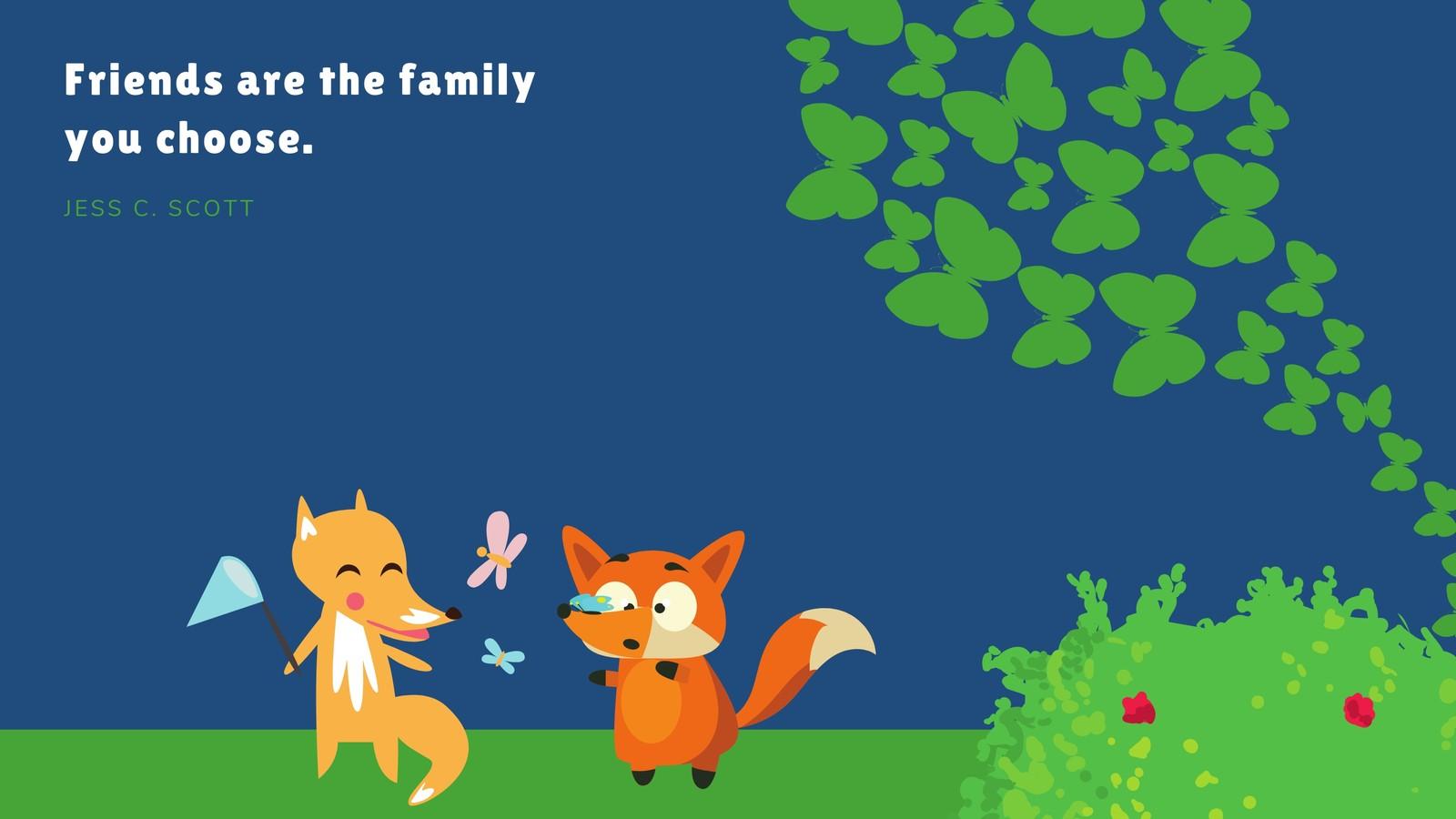 1600x900 Dark Blue with Butterflies and Fox Vector Illustrations Cute Desktop Wallpaper