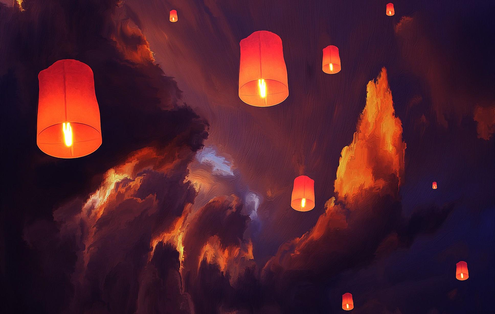 1936x1230 #clouds, #sky lanterns, #artwork, #floating, #lantern, wallpaper. Mocah HD Wallpaper
