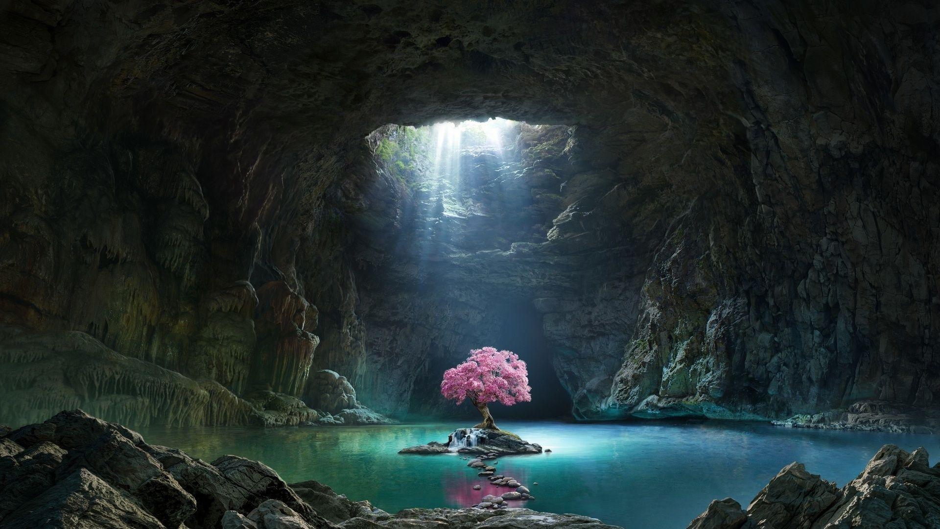 1920x1080 Downaload pink tree, blossom, cave, lake, nature wallpaper, 1920x1080. Fantasy landscape, Nature wallpaper, Watercolor wallpaper iphone