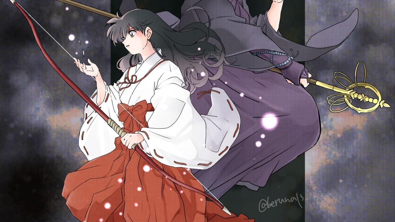 1366x768 Download 1366x768 Higurashi Kagome, Inuyasha, Miroku, Japanese Clothes, Bow Wallpaper for Laptop, Notebook