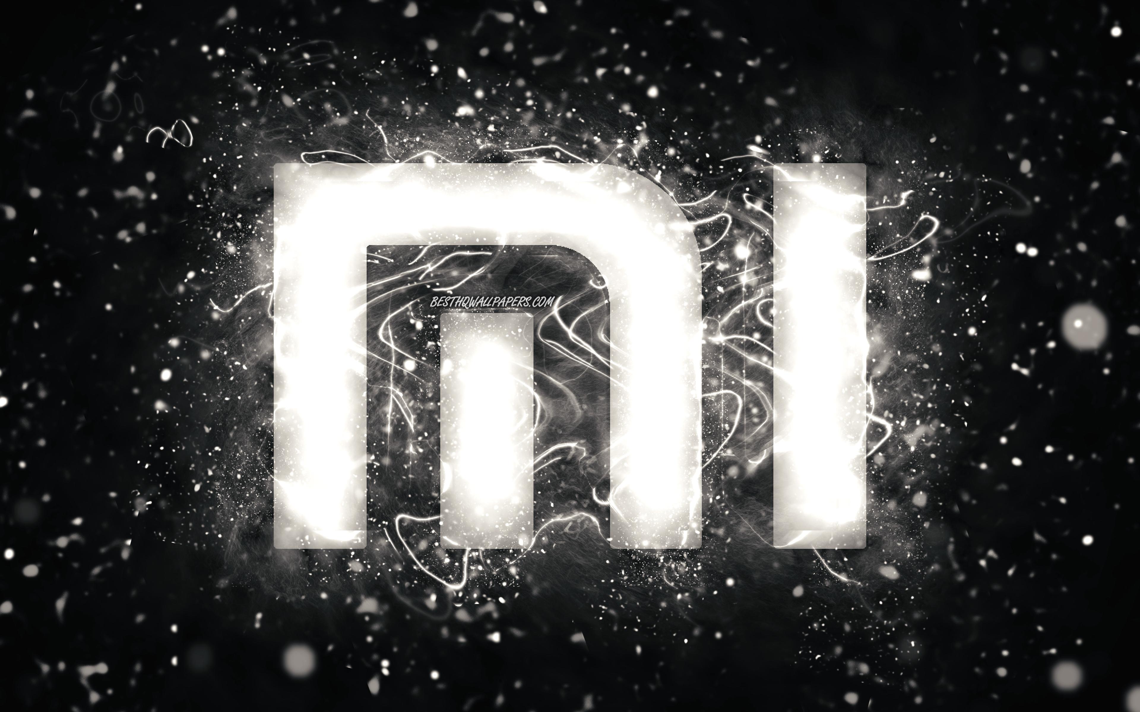 3840x2400 Download wallpaper Xiaomi white logo, 4k, white neon lights, creative, black abstract background, Xiaomi logo, brands, Xiaomi for desktop with resolution 3840x2400. High Quality HD picture wallpaper