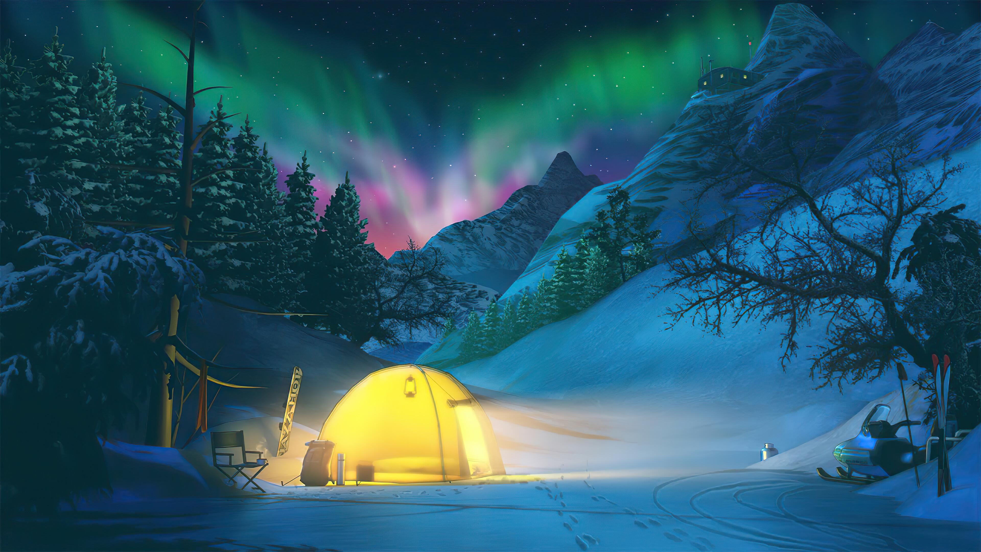3840x2160 Camping during the winter with northern lights on the background Wallpaper 4k Ultra HD