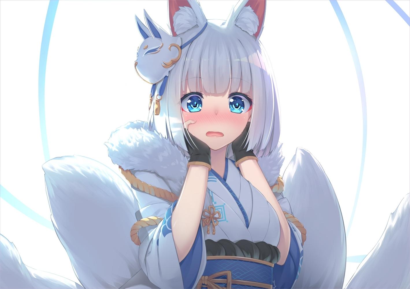 1419x1000 Wallpaper Blue Eyes, Anime Fox Girl, Cute, White Hair, Animal Ear, Kimono, Shy Expression:1419x1000