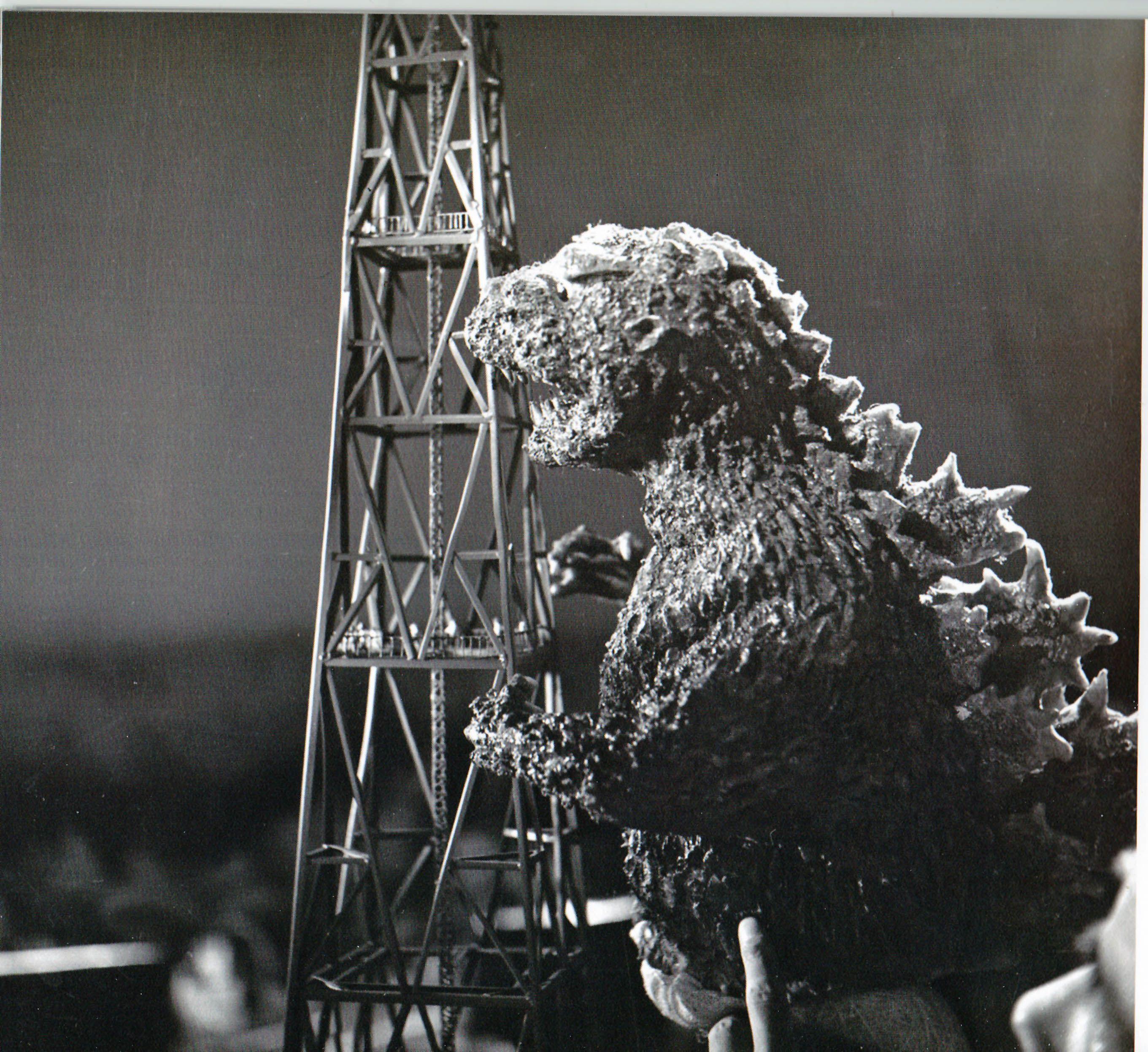 2721x2494 Godzilla puppet attacks scale model tower in GODZILLA (1954). Movie monsters, Kaiju monsters, Monster picture