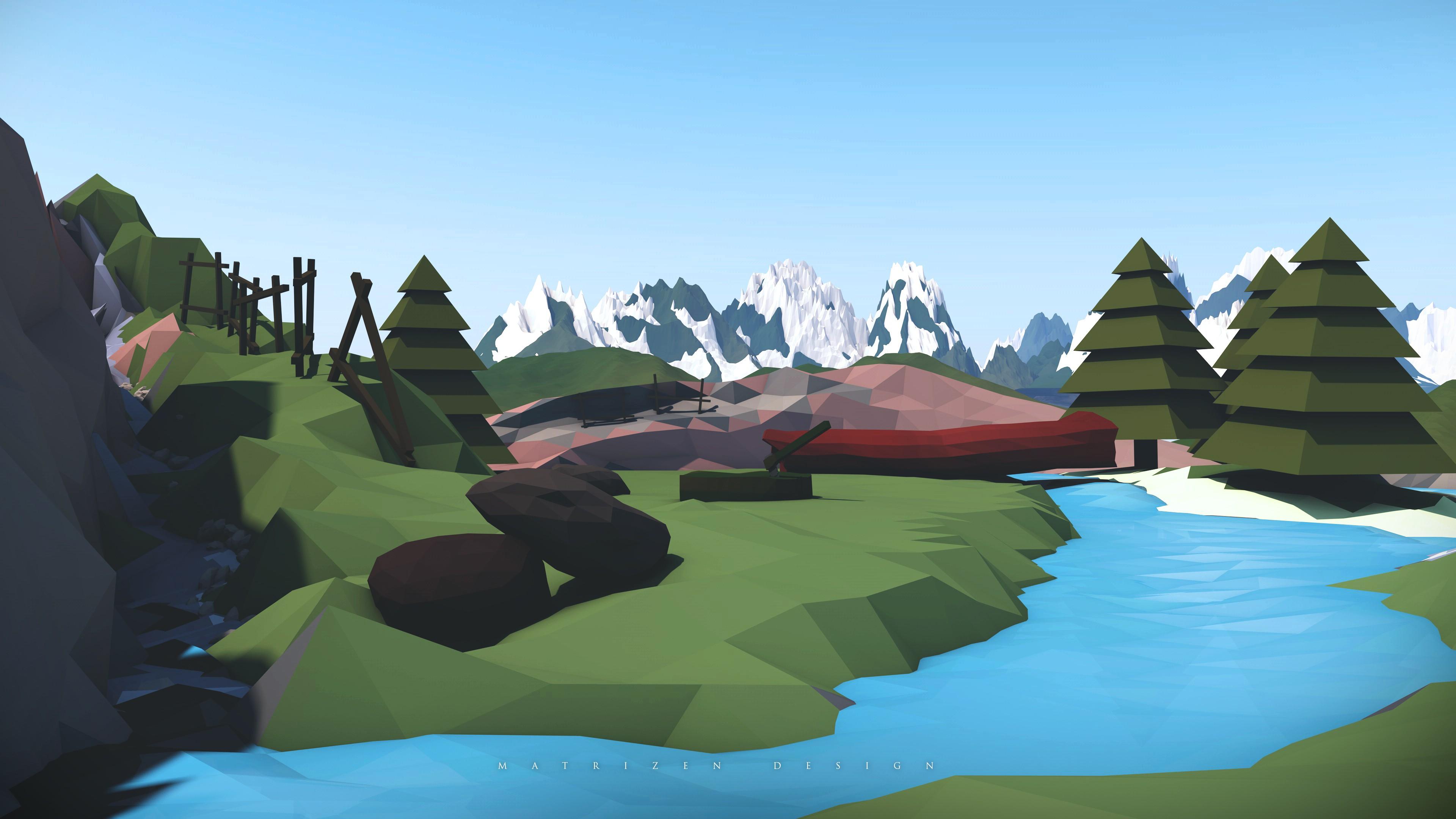 3840x2160 Desktop Wallpaper Low Poly, Nature, Mountains, River, Tree, HD Image, Picture, Background, 0dkluz
