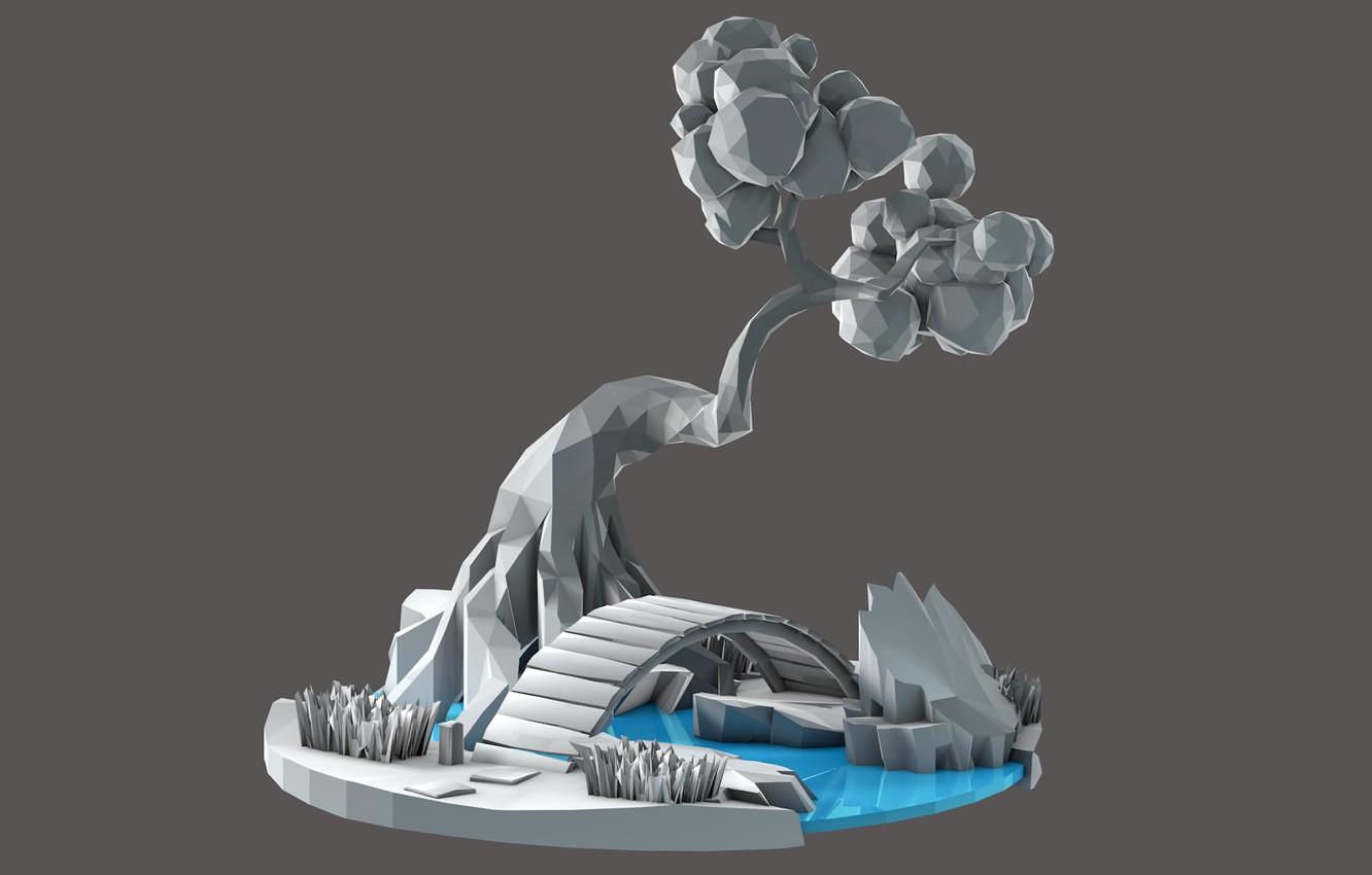 1332x850 Wallpaper Tree, Bridge, Grass, Stream, low poly, Gray tone image for desktop, section минимализм
