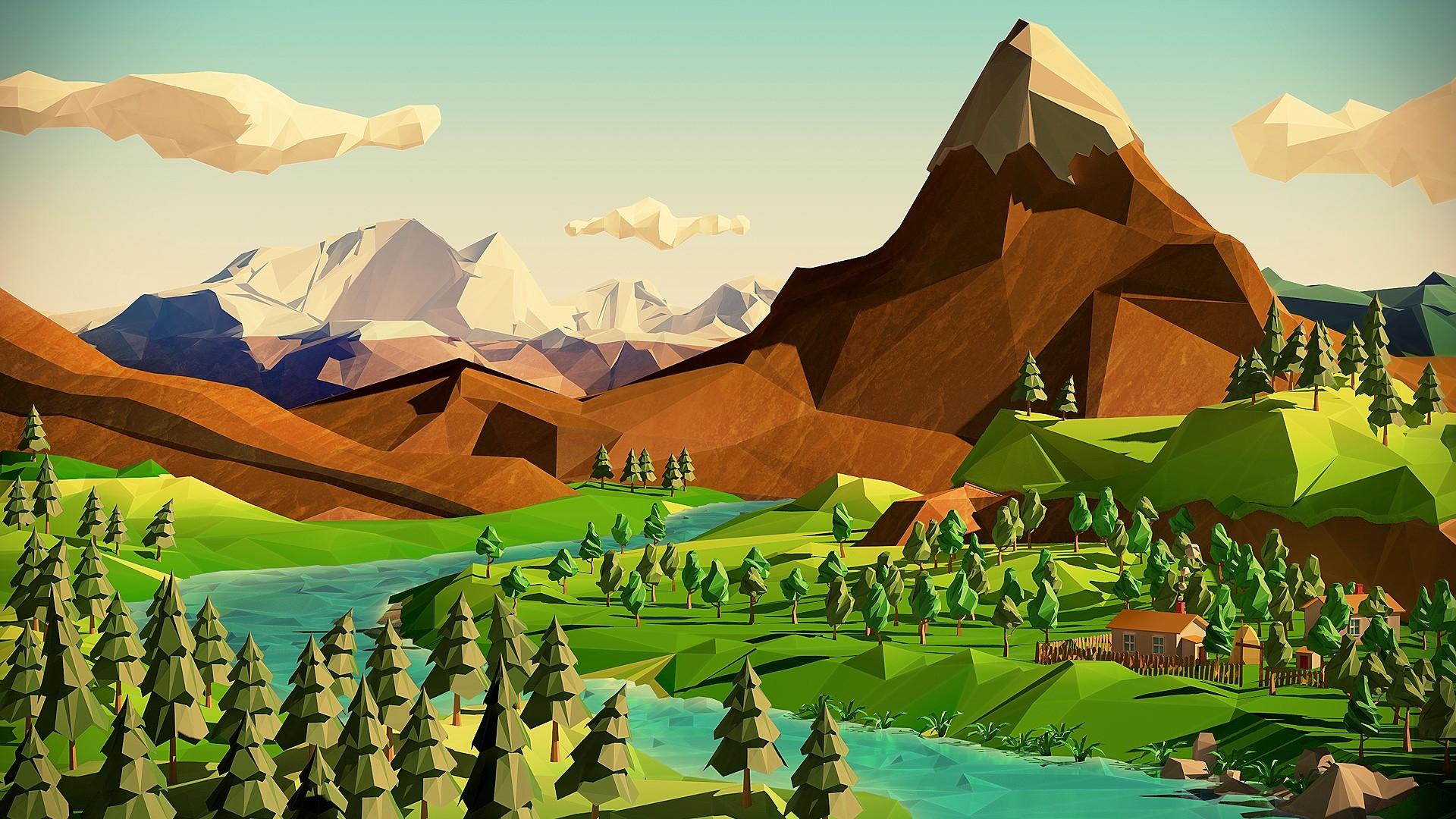 1920x1080 Download 1920x1080 Low Poly Landscape, Mountain, River, Trees, Clouds Wallpaper for Widescreen