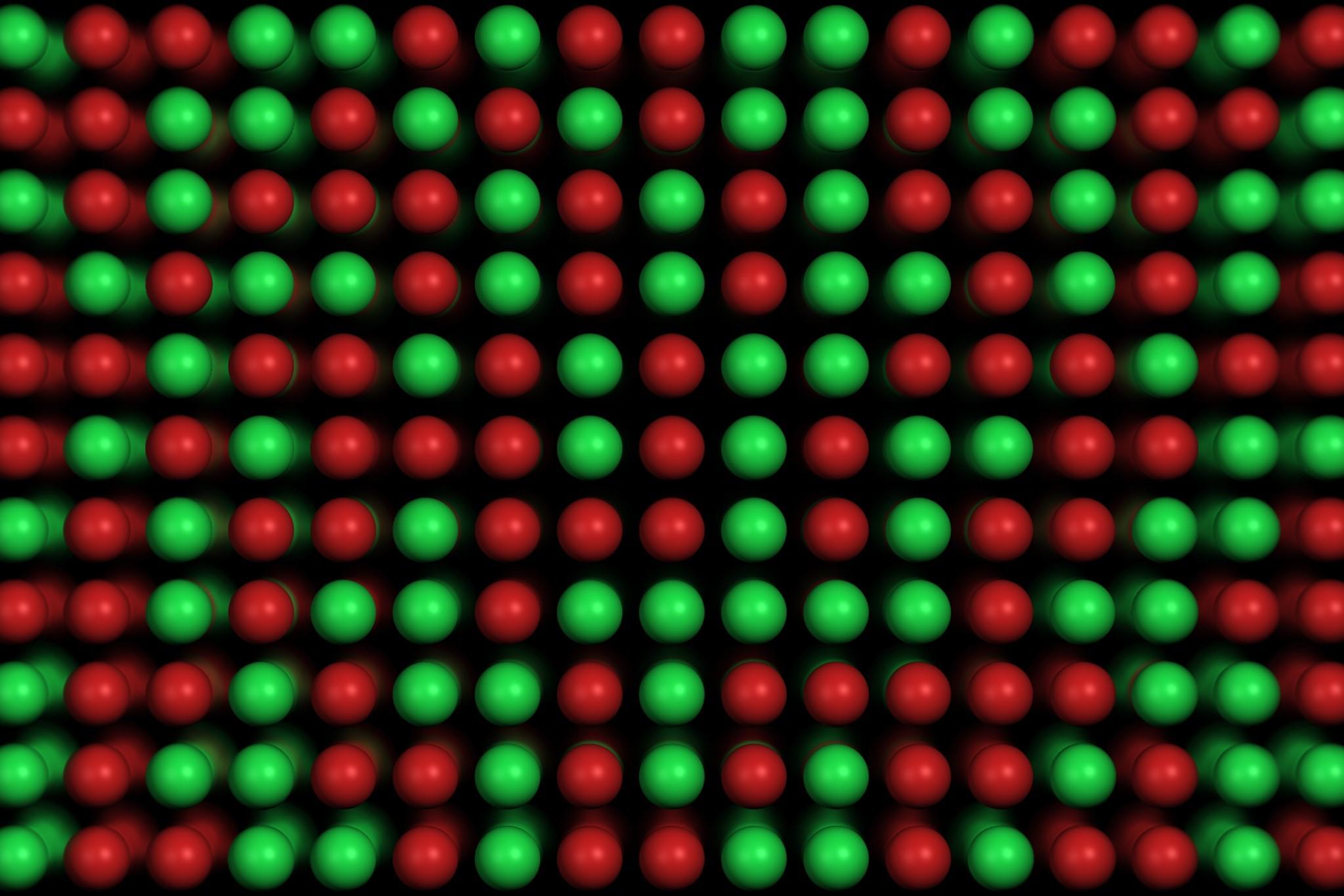 2048x1366 digital Art, Abstract, Minimalism, Black Background, Dots, Ball, Green, Red, Blurred Wallpaper HD / Desktop and Mobile Background