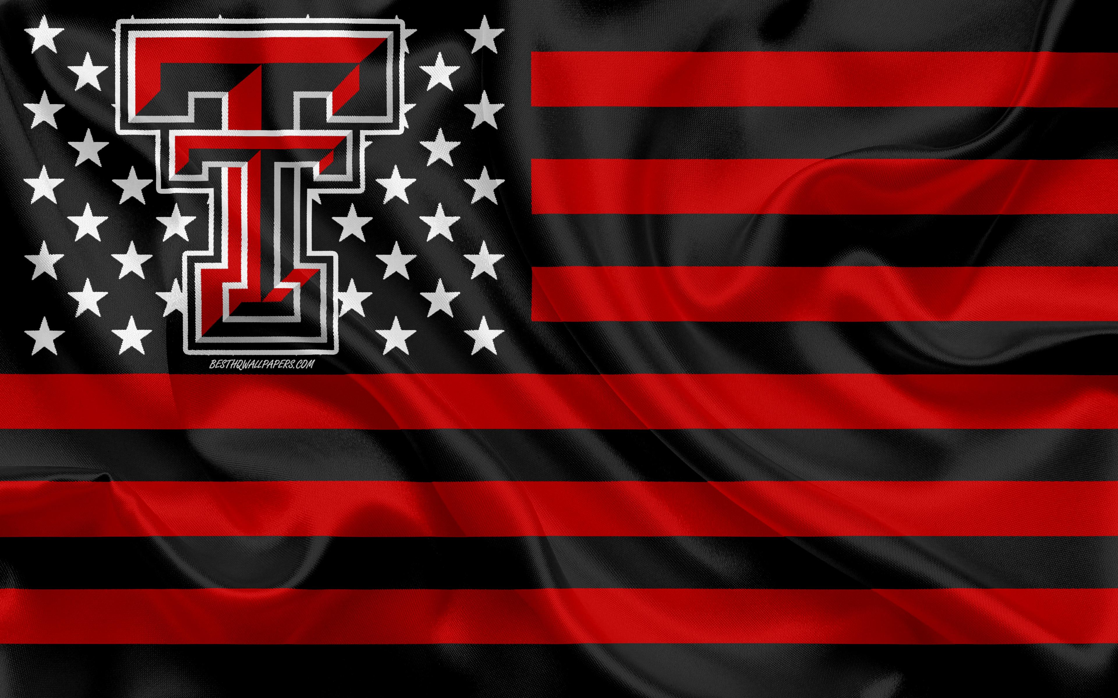 3840x2400 Download wallpaper Texas Tech Red Raiders, American football team, creative American flag, red black flag, NCAA, Lubbock, Texas, USA, Texas Tech Red Raiders logo, emblem, silk flag, American football for desktop with
